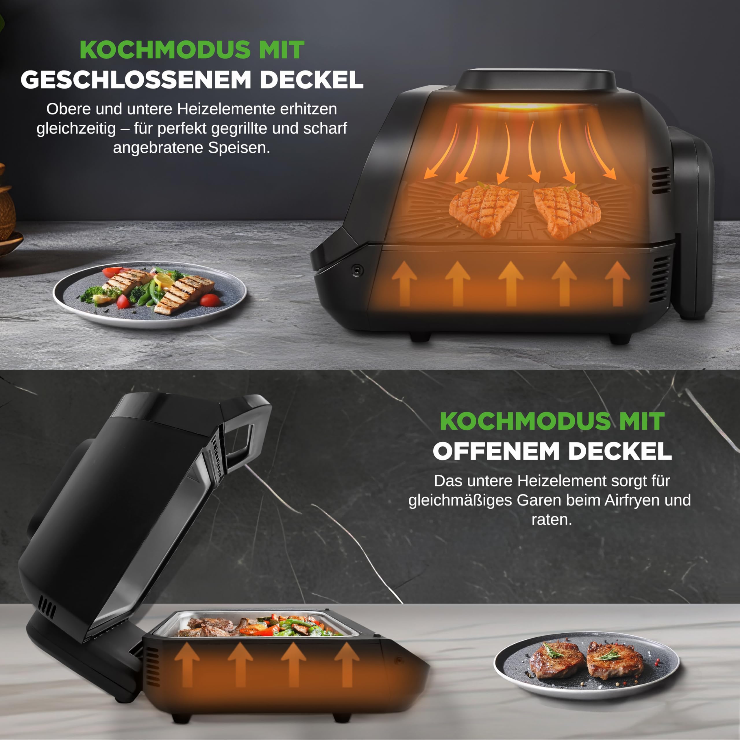 NutriChef Elektrogrill mit Heißluftfritteuse – Rauchfreier Tischgrill mit Smart-Thermometer | 7 Kochfunktionen | 6L | Küchengrill Innen, Schwarz