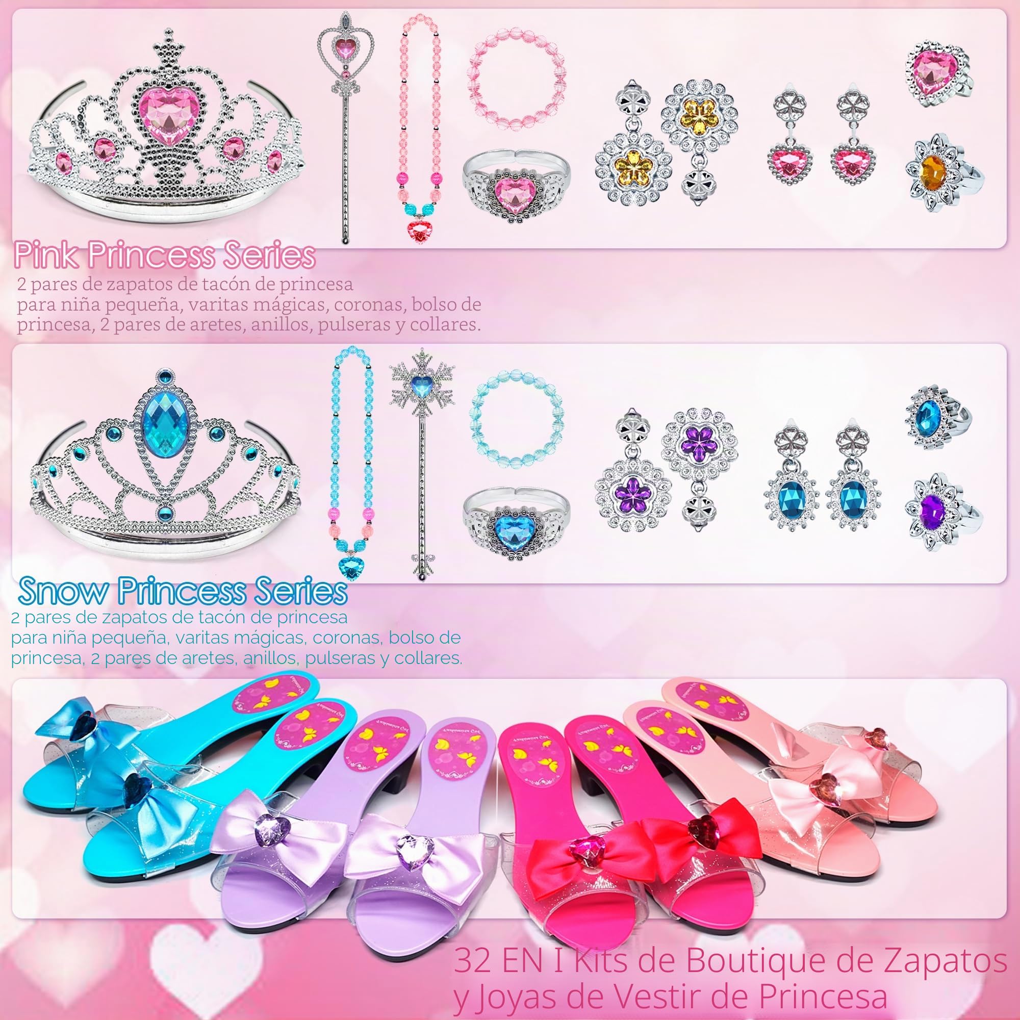 Zapatos de princesa Juguete para niña - 4 pares de zapatos y 2 juegos de joyas para juegos, regalos de cumpleaños de Navidad 3-6 años