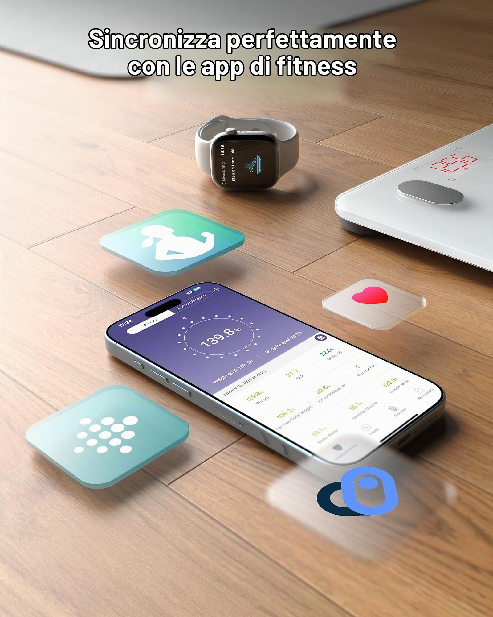 FITINDEX Bilancia Digitale Bilancia Pesapersone, Impedenziometrica Intelligente Bluetooth, 13 Funzioni, Analisi Composizione Corporea con App per Massa Grassa, BMI, Grasso Viscerale, Bianca