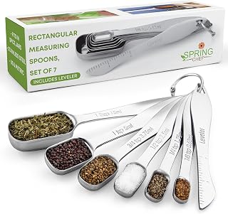 Spring Chef Stainless Steel Measuring Spoons Set of 7 with Leveler - Rectangular, Fits Spice Jars, Rust-Proof for Baking & Cooking