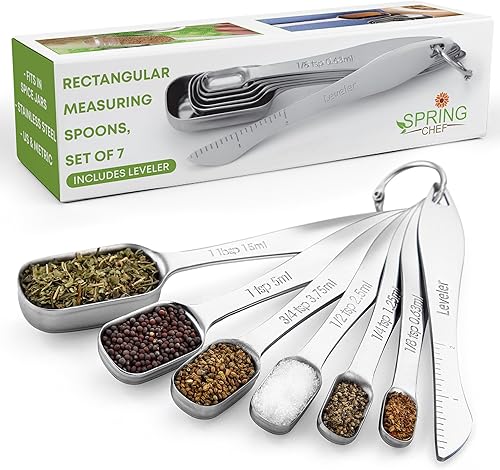 Spring Chef Juego de 7 cucharas medidoras de acero inoxidable con nivelador, cucharadita de metal rectangular y cucharada medidora para ingredientes
