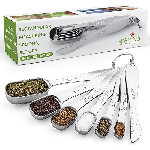 Spring Chef Stainless Steel Measuring Spoons Set of 7 with Leveler, Rectangular Metal Teaspoon & Tablespoon Measuring Spoons for Dry & Liquid Ingredients - Nesting Kitchen Gadgets For Baking & Cooking