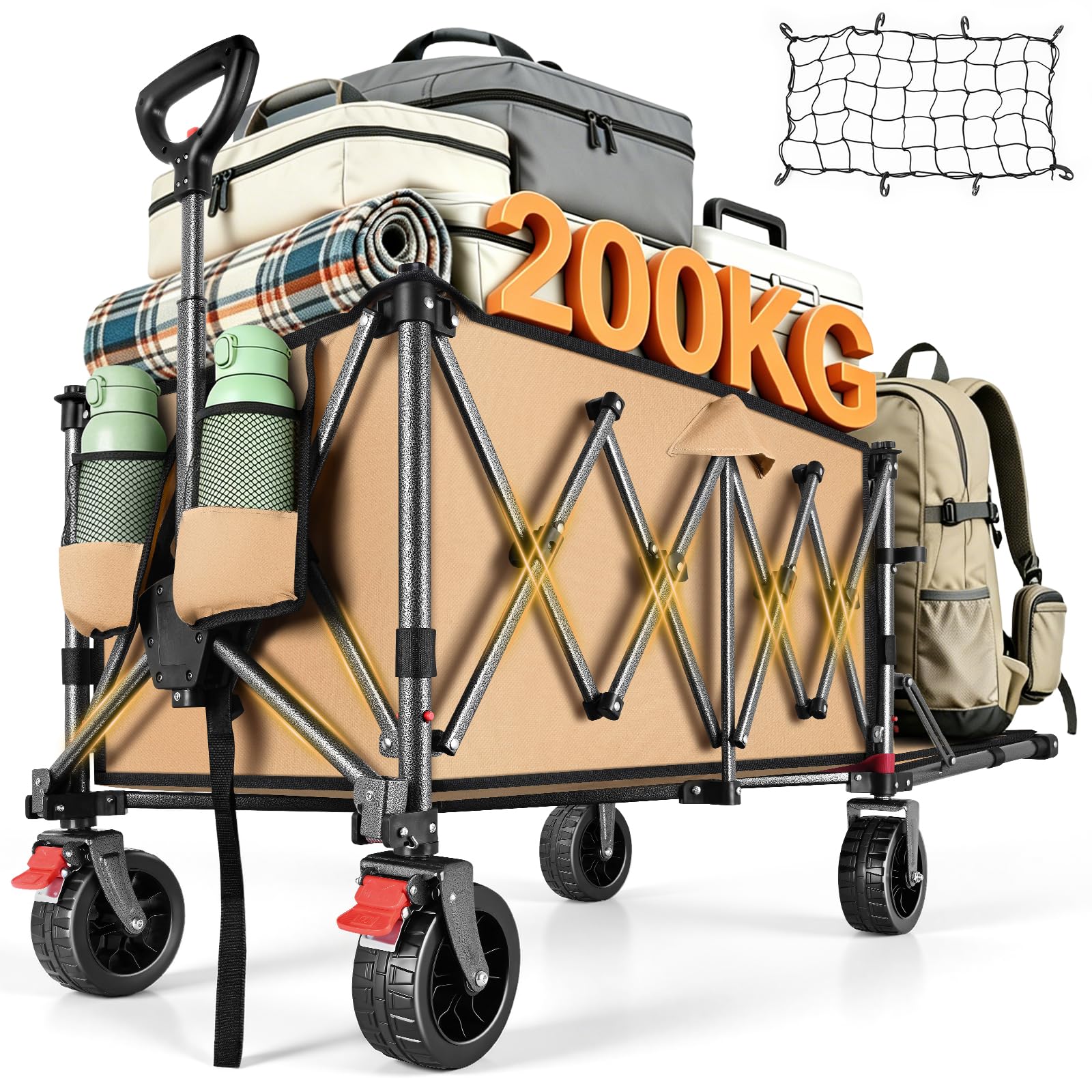 YEAUPE PRO Chariot Pliable 220L 200KG, Roues Larges Tout-Terrain, Kaki | Porte Arrière Rabattable pour Objets Longs, Chariot de Plage Léger 10.5KG pour Jardin, Camping, Courses & Événements Sportifs