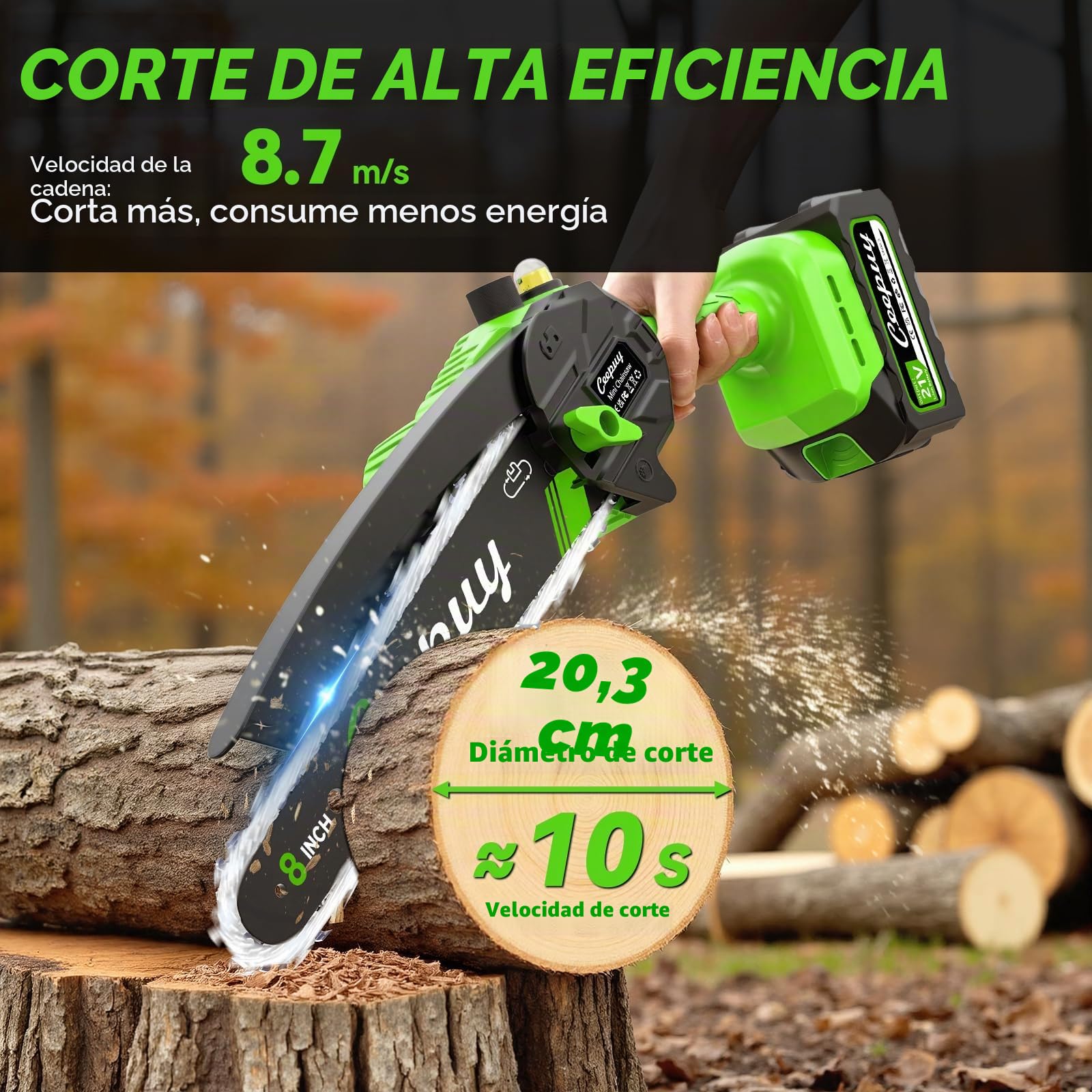 8 Pulgadas Mini Motosierra Inalámbrica 2x4000mAh Batería Sierra Eléctrica de Mano con Cadena Acero al Manganeso y Engrasador Automático Motosierra Pequeña Portátil para Podar Árboles y Cortar Madera