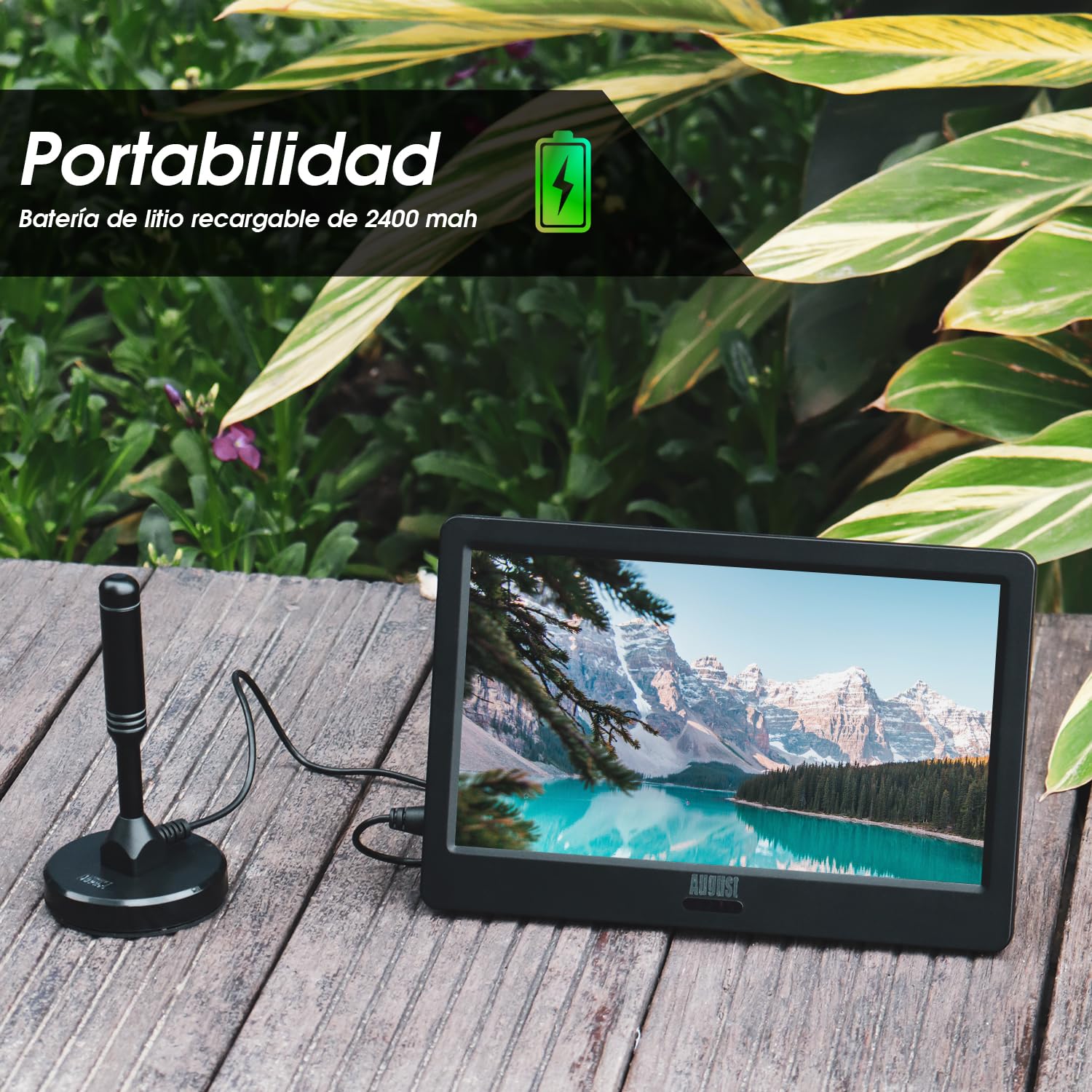 August DA900D TV Portátil TDT 9 Pulgadas Recargable, Mini Televisión Digital con Red, Batería o 12v, DVB-T / T2 HDM USB Jack 3.5, Tele LED y Grabación, Salón Cocina Coche Camión Caravana - Negro