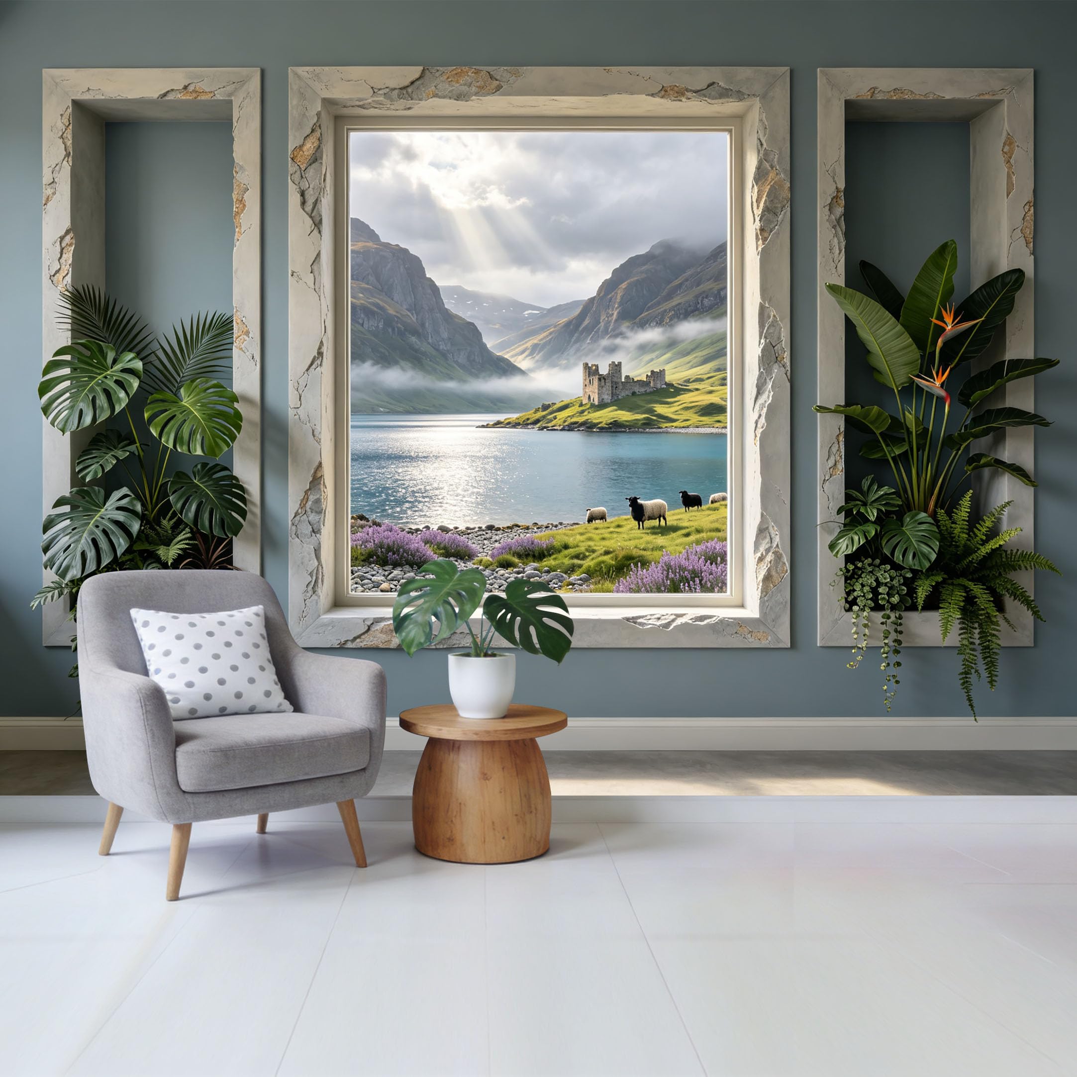Removable Self Adhesive Fabric Mural， 3D Window View Mountain Lake Castle Botanical Custom Size Wall Covering， UV Protected Waterproof Washable Wall Decor for Living Room Bedroom Bathroom