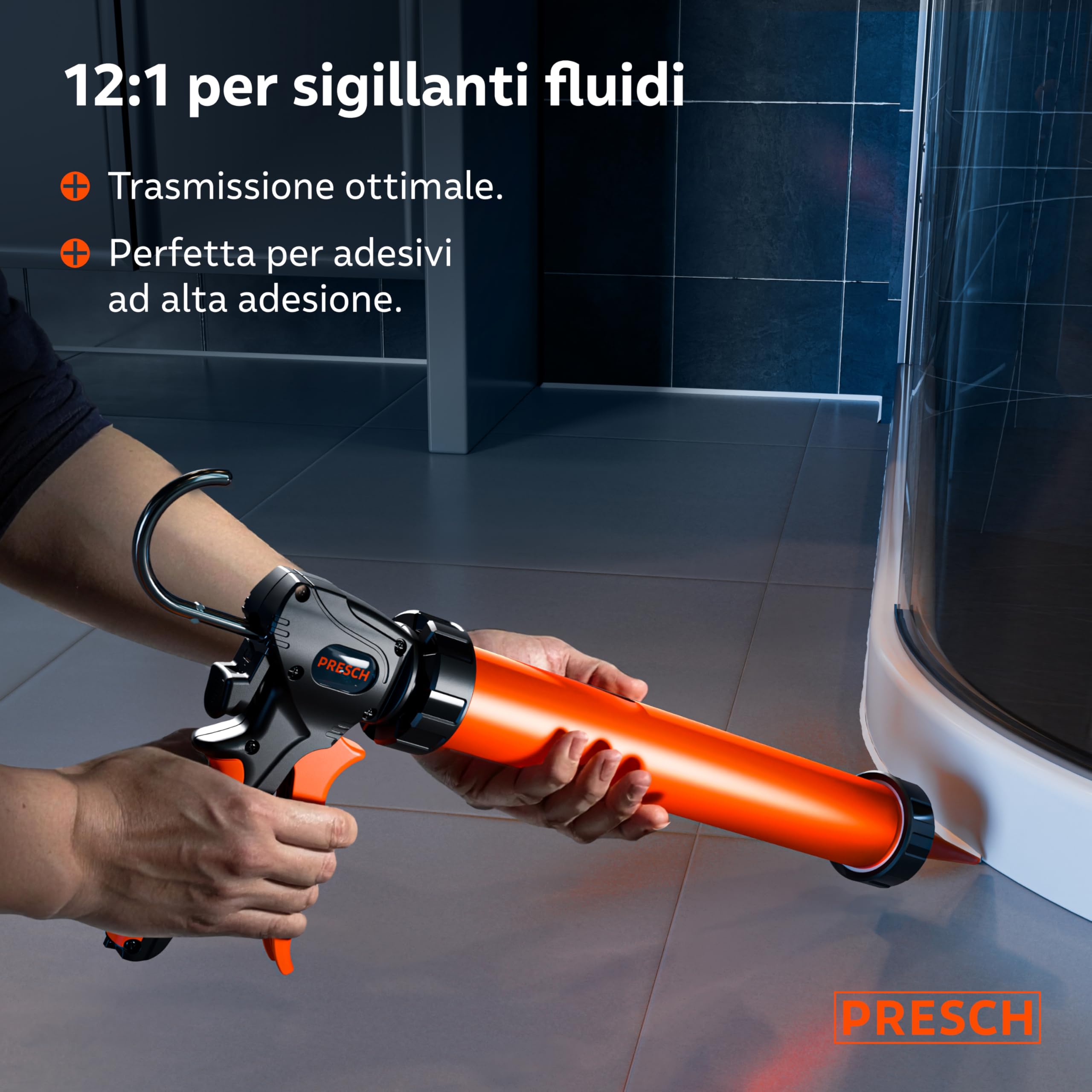 Presch Pistola Silicone 600ml con 2 ugelli – Rapporto 24:1 & 12:1 per sigillanti e adesivi (acrilico) – Pistola per sacchetti girevole 360° con impugnatura antiscivolo