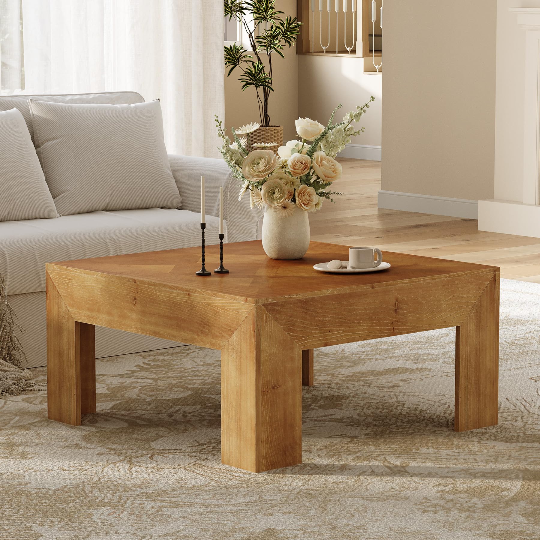 LITTLE TREE 39 4 Solid Wood Coffee Table Square Coffee Table with Intricate Inlaid Top Sturdy Legs Rustic