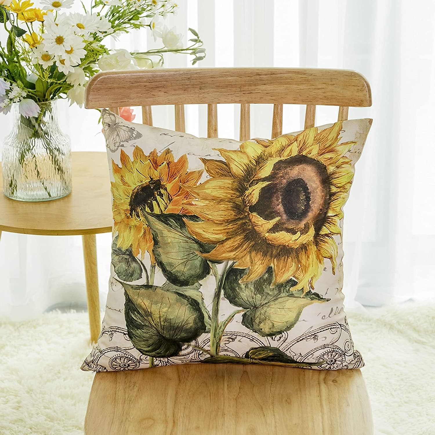 Throw Pillow Covers 18x18 Inch, Sun Flower Square Pillow Case Floral Decorative Cushion Cover for Sofa Beench
