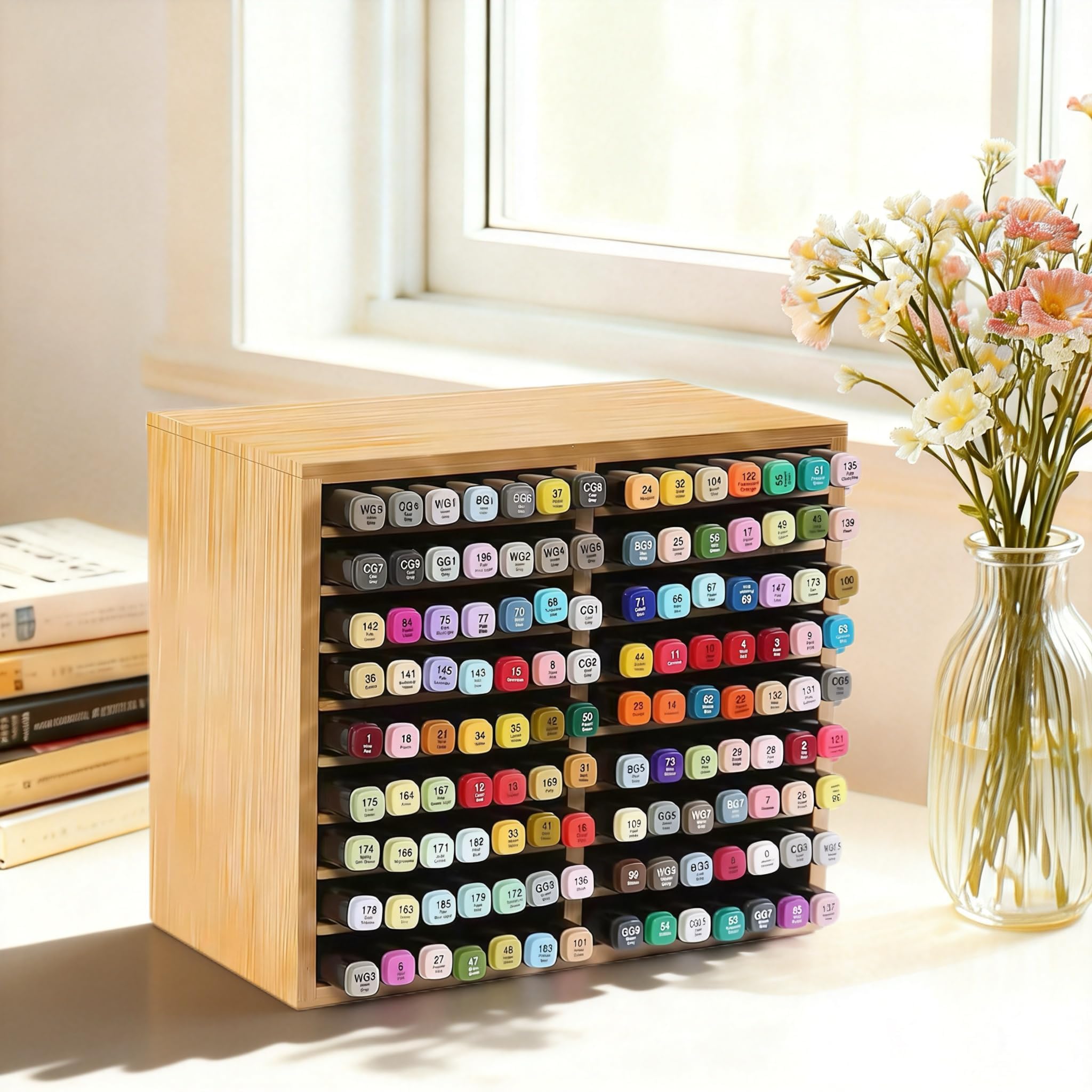 Bamboo Marker Holder Organizer, 126 Pens Capacity, 18 Compartments, Art Supply Storage for Alcohol Markers, Pens, Pencils