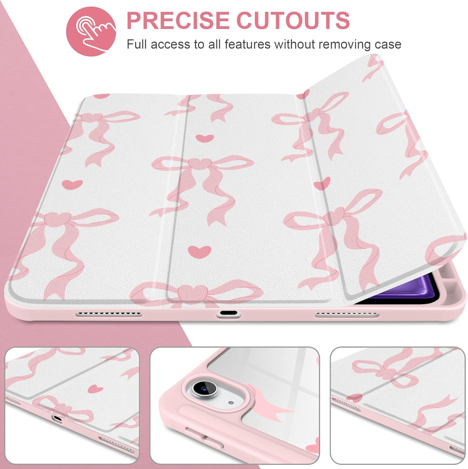 MEEgoodo Case for iPad Air 13 inch 2026(M4) / 2025(M3) / 2024(M2), Tablet Cases with Transparent Acrylic Back Shell, Cover with Pencil Holder + Auto Wake/Sleep + Trifold Stand, Trendy Bow & Hearts