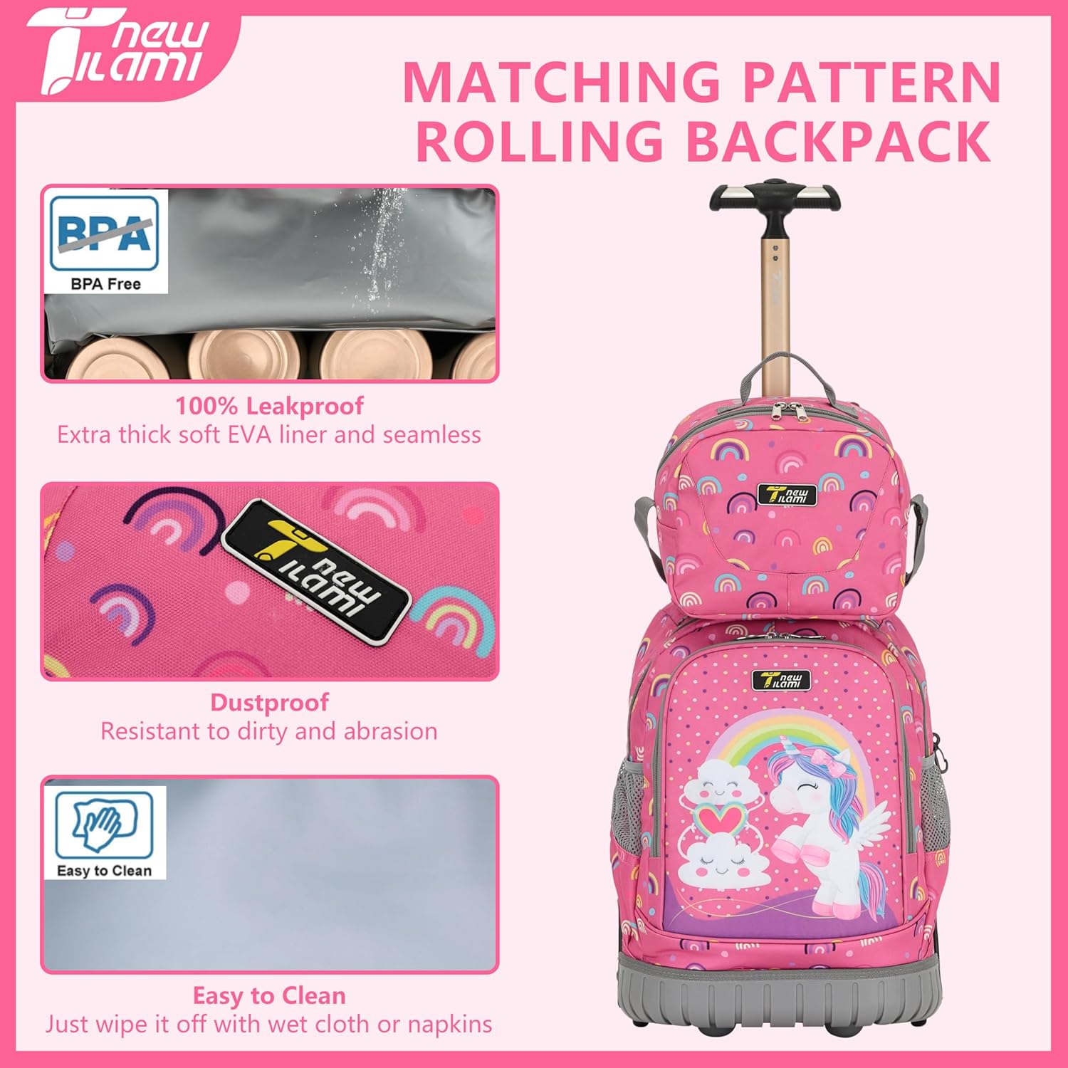 NEW TILAMI 16 Inch Rolling Backpack with Lunch Bag for Kids Adjustable Handle Carry-on Suitcase Wheels for Girls Boys School Travel Camping, Pink Rainbow Unicorn