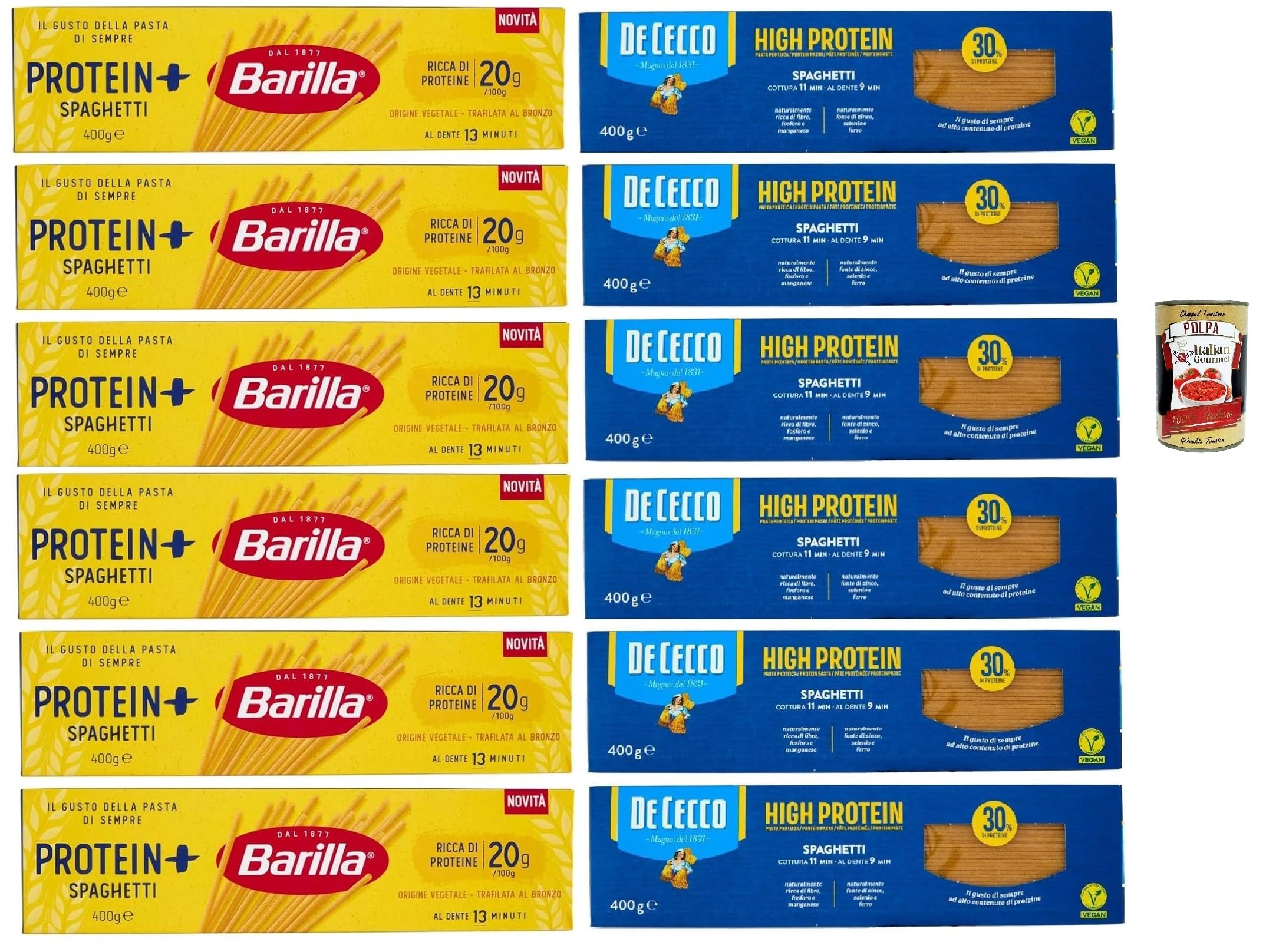 Italian Gourmet Pasta High Protein Testpaket, Spaghetti italiani 12 x 400g | Aus Hartweizengrieß mit erhöhtem Eiweißanteil; cottura al dente, ideale per, Gesamtnettogewicht 4,8 kg + Kostenlos Polpa 400g