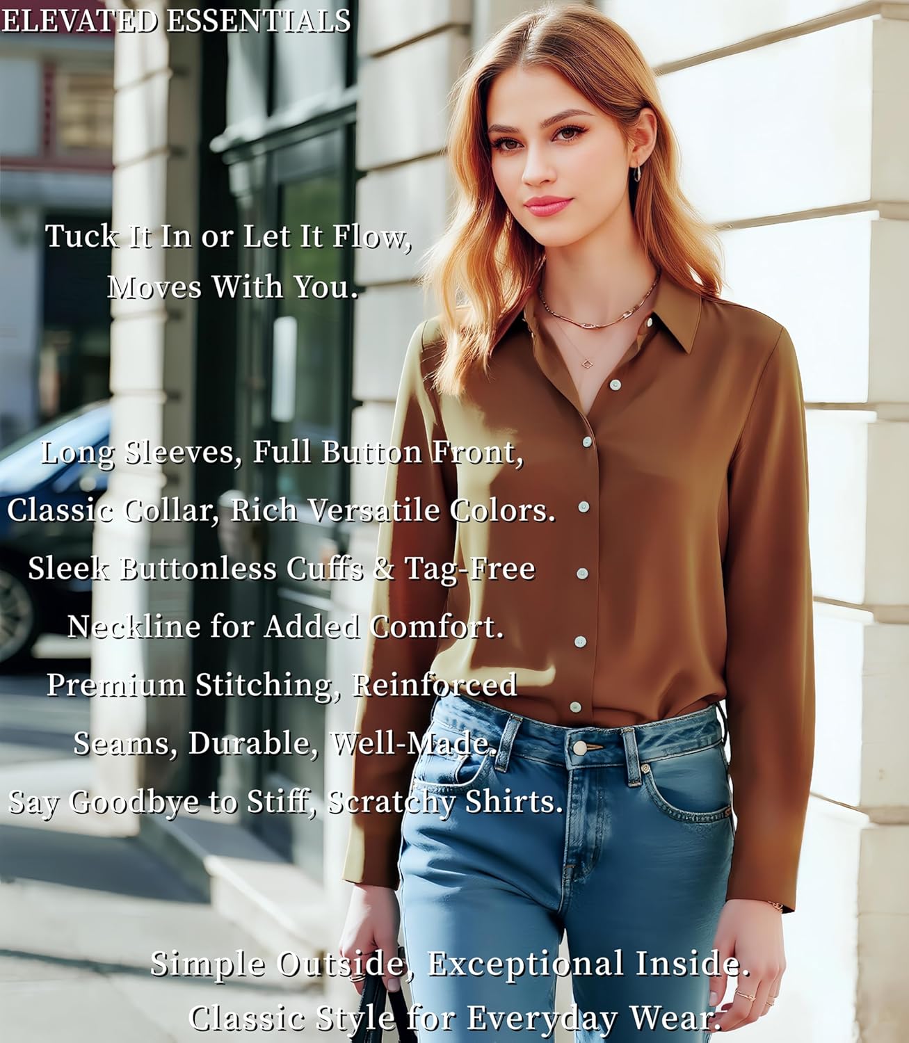Women's Cotton Basic Button Down Shirt Long Sleeve Wrinkle Free Collared Blouse Lightweight Soft Comfortable Jersey Knit Tops