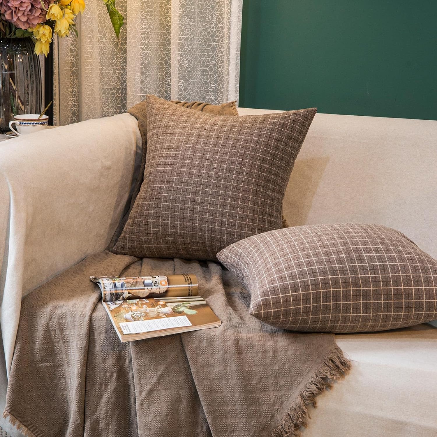 Tweed Throw Pillow Covers Woolen-Style Fabric Square Pillow Cases for Farmhouse Cushion Case and Home Sofa Couch Decor Pack of 2,18x18 Inch Senior Brown Plaid - Image 3