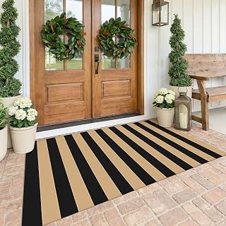KOZYFLY 4x6 ft Brown and Black Striped Rug Front Door Rug Cotton Woven Rugs