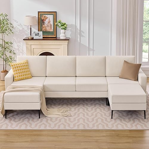 Tbfit 115" L Shaped Couch, Sectional Sofa with Convertible Chaise & Ottoman, Corduroy 6 Seater Sofa Couch, U Shaped Sofa for Living Room, White