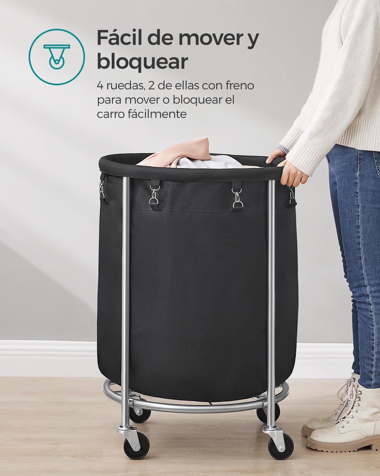 SONGMICS Cesto de Ropa Sucia con Ruedas, Cesta de la Ropa Sucia, 170 L, Cesto Redondo con Marco de Acero y Bolsa Extraíble, 4 Ruedas y 2 Frenos, Negro y Plata RLS001B01