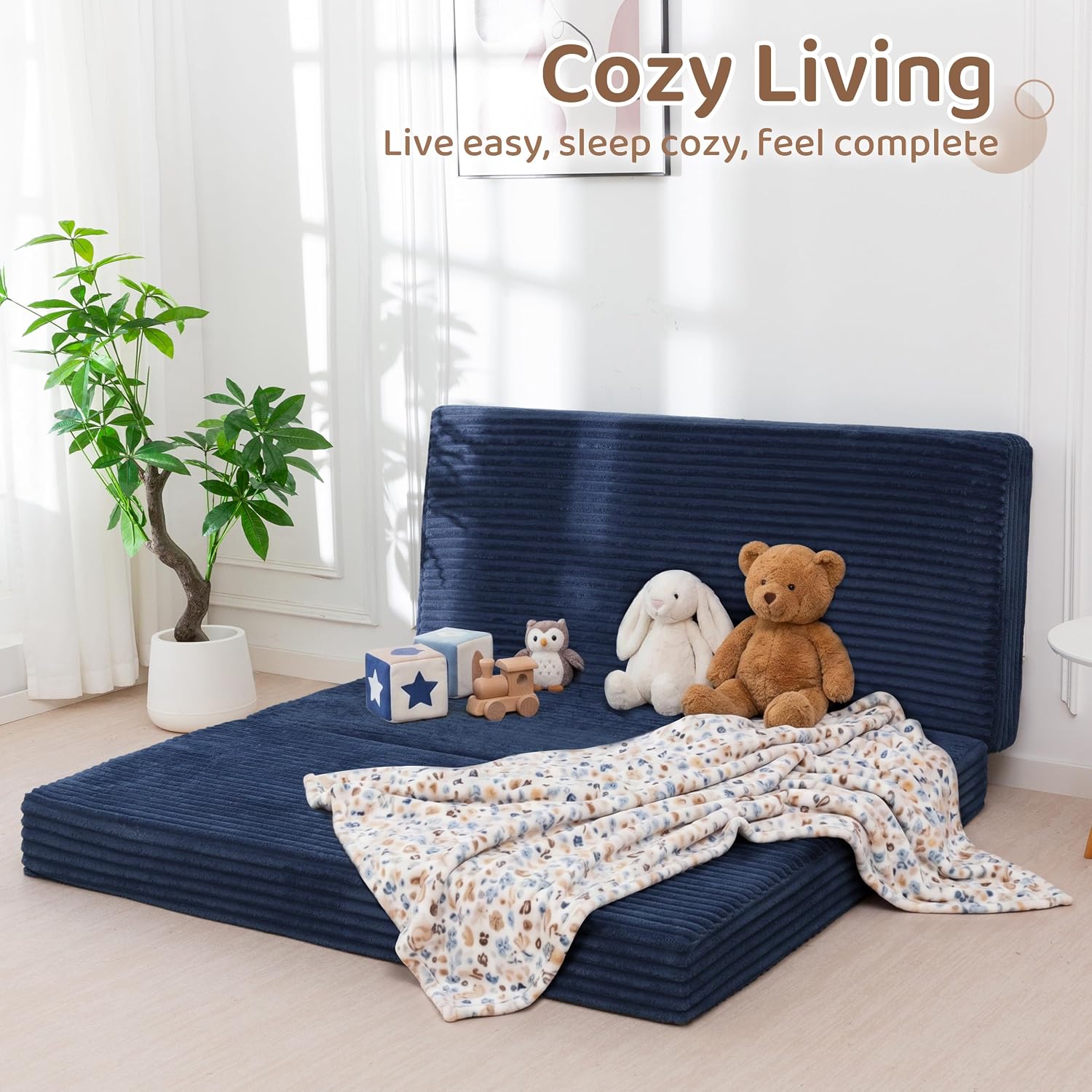 BYBYME Thick Corduroy Tri-Folding Mattress, 6 Inch Gel Folding Mattress Topper, Foldable Sofa Couch Soft Guest Bed Camping Pad, with Washable Covers (Navy, Twin)