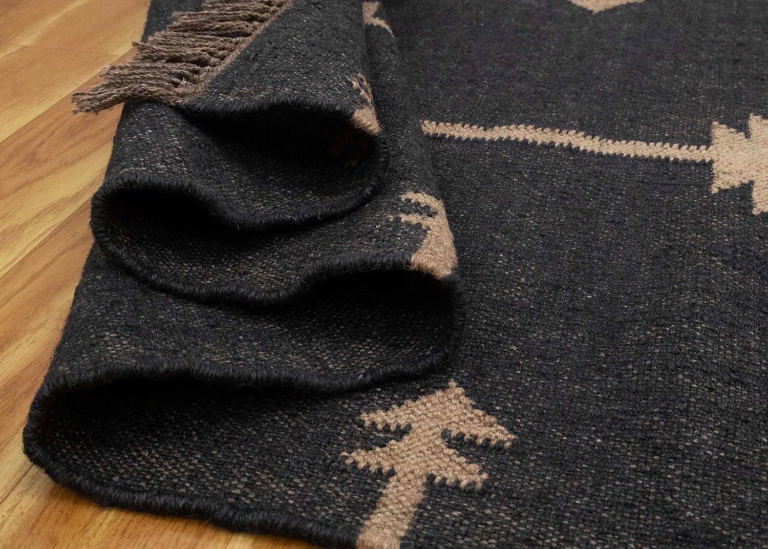 Wool Jute Runner 4x10 Kilim Reversible Southwestern Runner Moroccan Design Beige Black Hand Woven Rug Thick 0.19" Flatweave Carpet Indoor Outdoor Rugs for Hallway Enterway Corridor