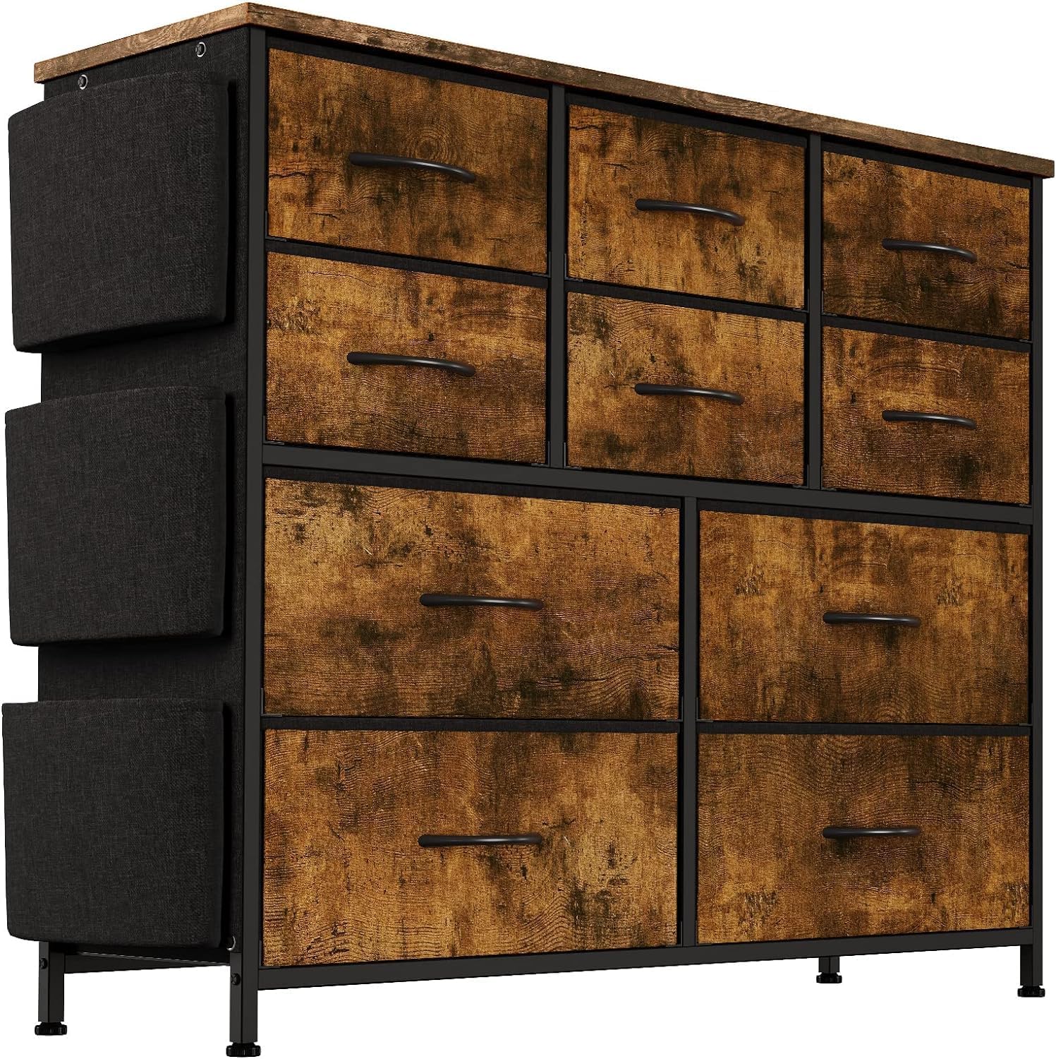 Jojoka Dresser for Bedroom, 10 Drawers Fabric Storage Drawer, Dressers & Chest of Drawers with Side Pockets, Hooks, Wood Tabletop for Closet, Living Room, Hallway (Brown)