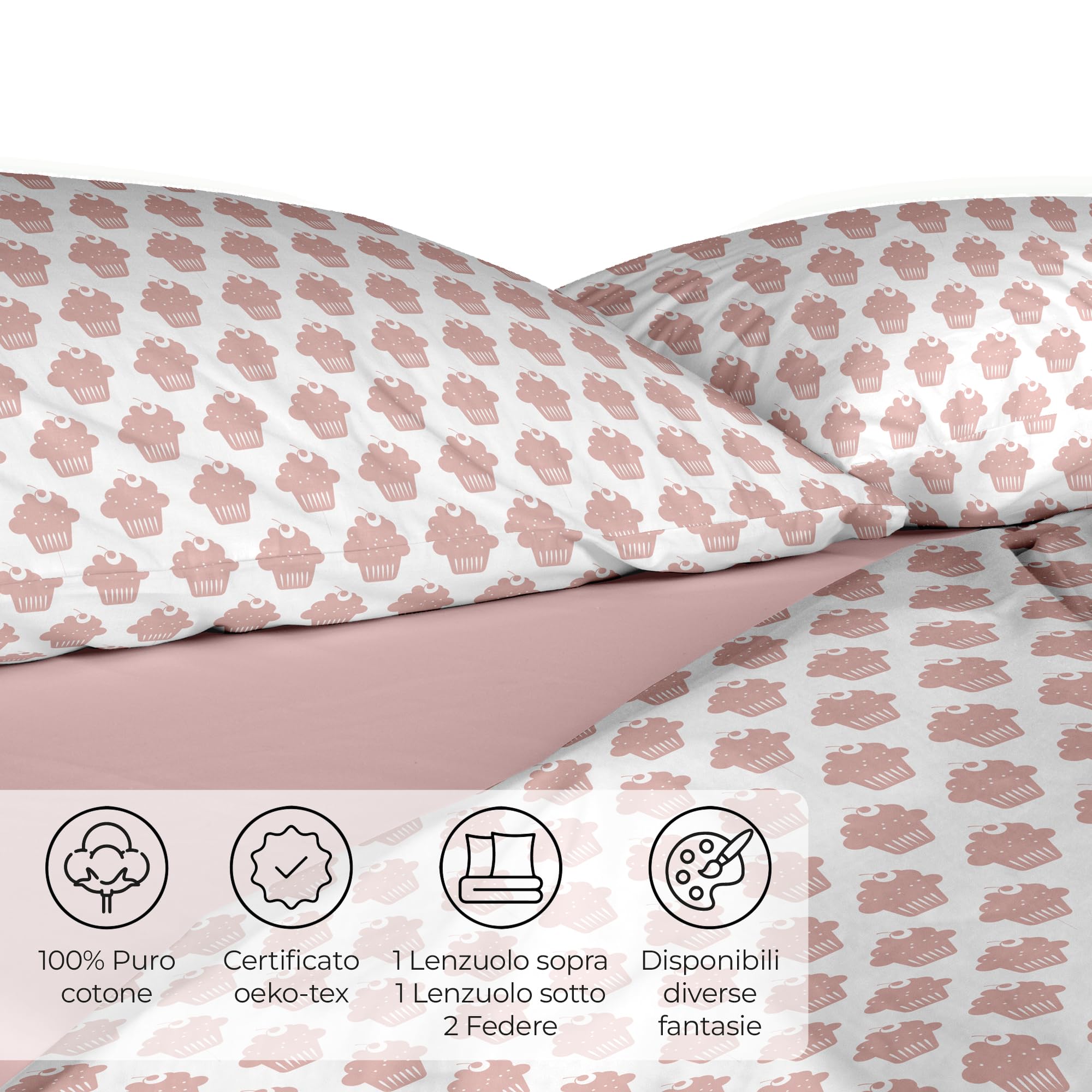 Ruggeri - Set Lenzuola Letto Matrimoniali 4 Pezzi in 100% Cotone di Alta Qualità, Lenzuolo con Angoli 170x200 cm, Lenzuolo Piatto 240x280 cm e 2 Federe 50x80 cm (Cupcakes Rosa, Matrimoniale)