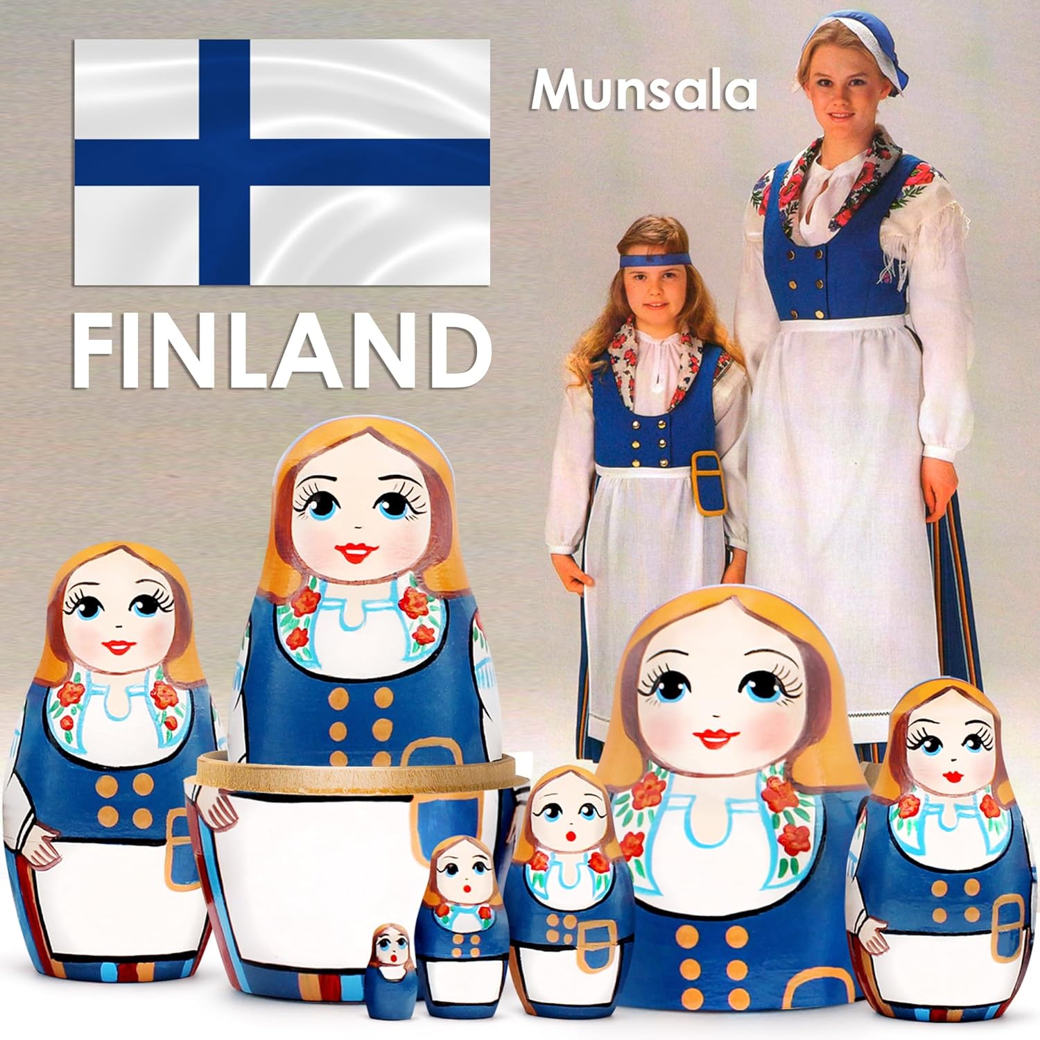 AEVVV Russian Matryoshka Dolls Set of 7 pcs - Nesting Dolls in Finnish Folk Costume Munsala - Hand Painted Baboushka Nesting Dolls in Scandinavian Dress - Wooden Nesting Dolls