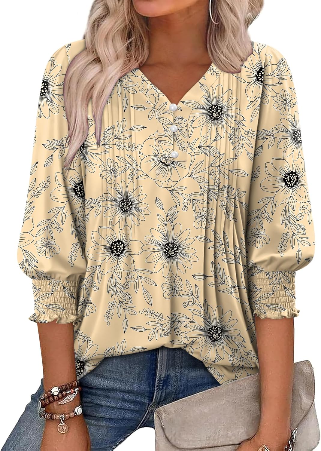 CRAZY GRID 3/4 Length Sleeve Womens Tops V-Neck Lace Tunic Button Down Business Casual Blouses Fall Trendy Outfits 2026 S-XXL