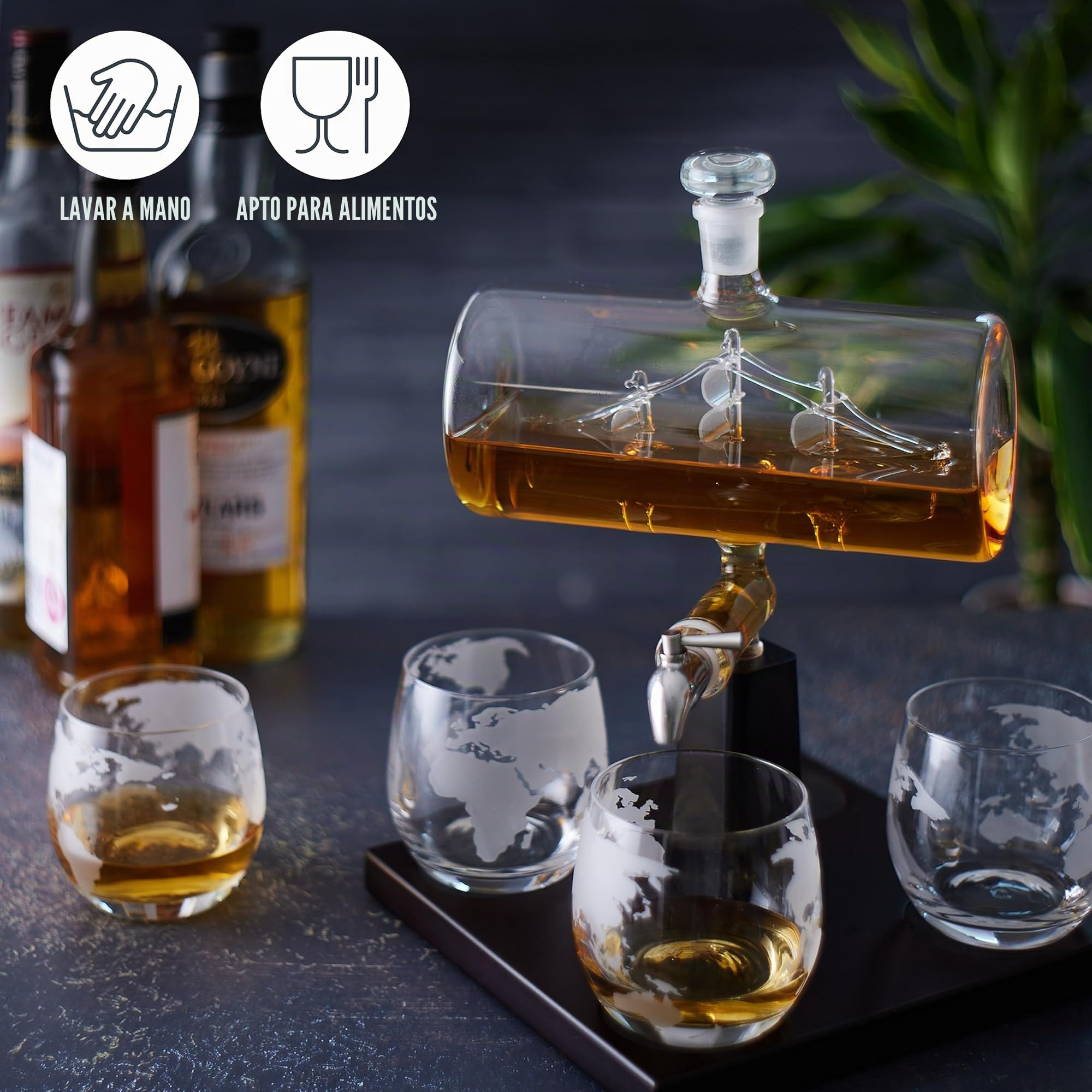 Oak & Steel - Juego Decantador De Whisky mas Set de 4 Vasos - Decantador Aireador para Bebidas Espirituosas Ideal para Ocasiones Especiales - Capacidad de 1000 ml
