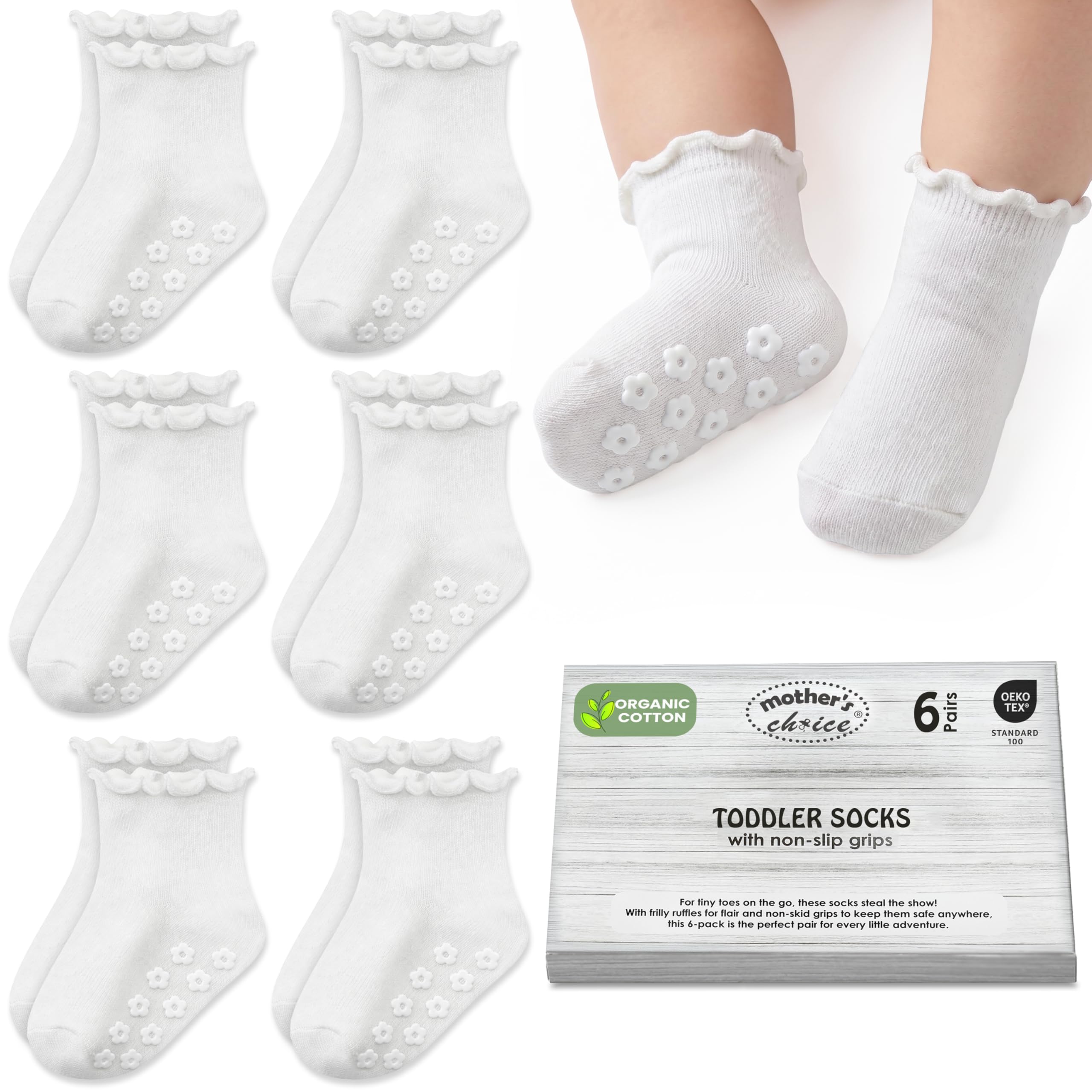 Mother's Choice Organic Cotton Baby Socks 6 Pairs 1-3 Years Non-Slip Grip Socks for Infants & Toddlers, Soft Breathable Anti-Skid Socks with Cute Ruffle Design
