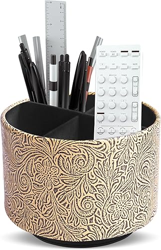 lizimandu Organizador redondo de cuero para suministros de arte, soporte para control remoto, giro de 360 grados, soporte multifuncional para