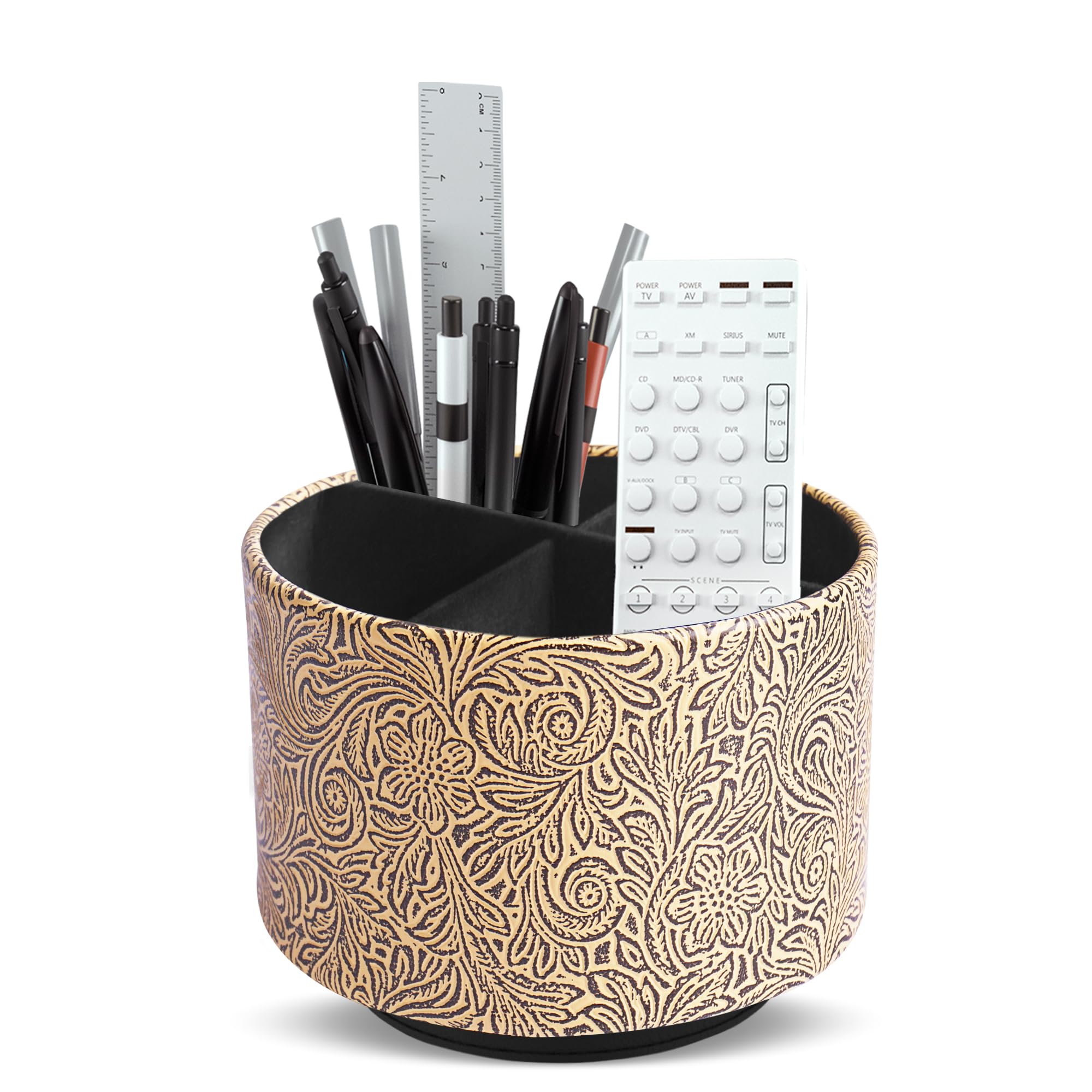 lizimandu Round Leather Art Supply Organizer,Remote Control Holder,360 Degree Spinning,Multi-Functional Pencil Holder,4 Compartments Desktop Stationary Organizer(1-Yellow Black)