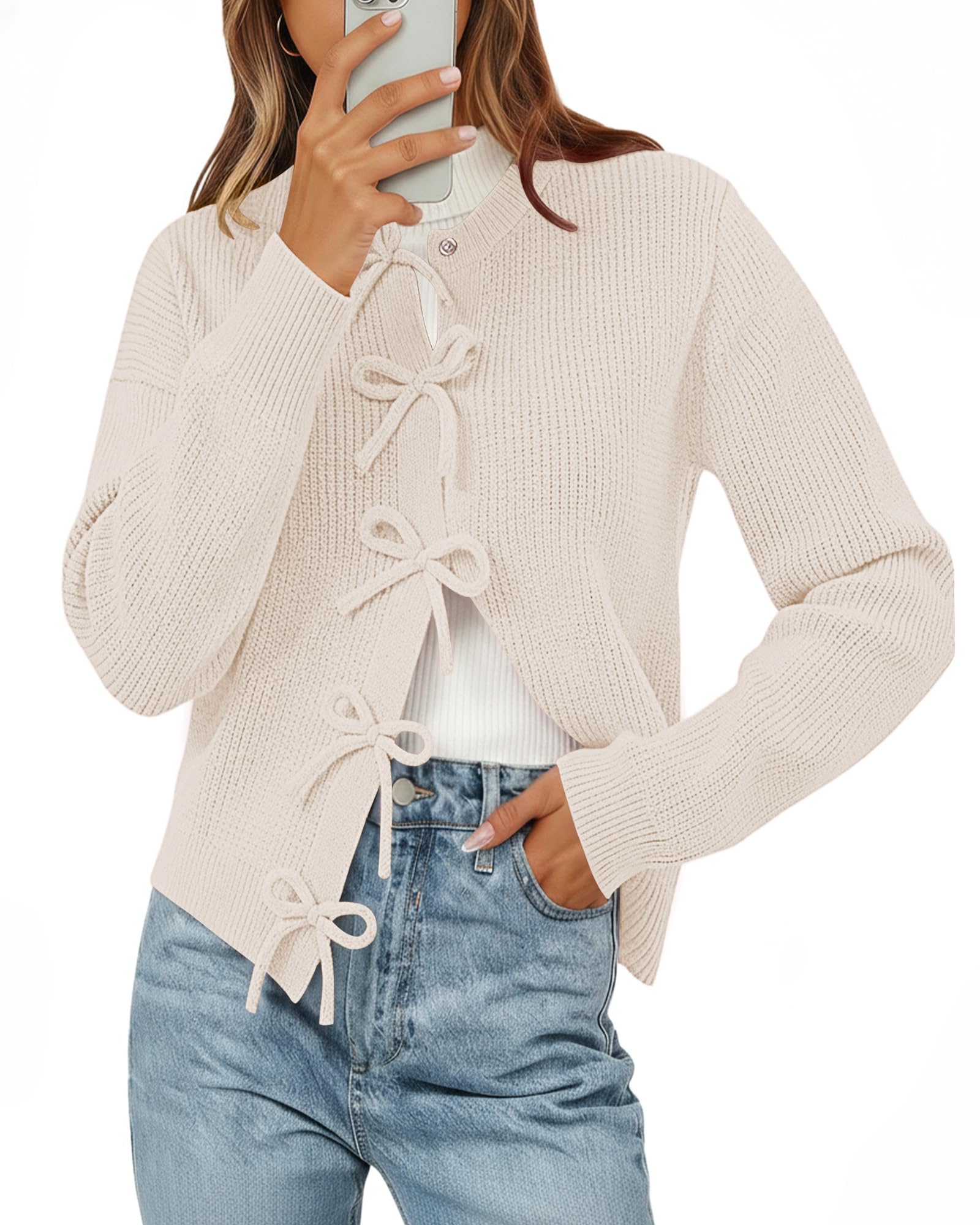 Womens Cardigan Sweaters Bow Button Down Cardigans Fall Fashion Clothes Knit Tie Open Front Coats