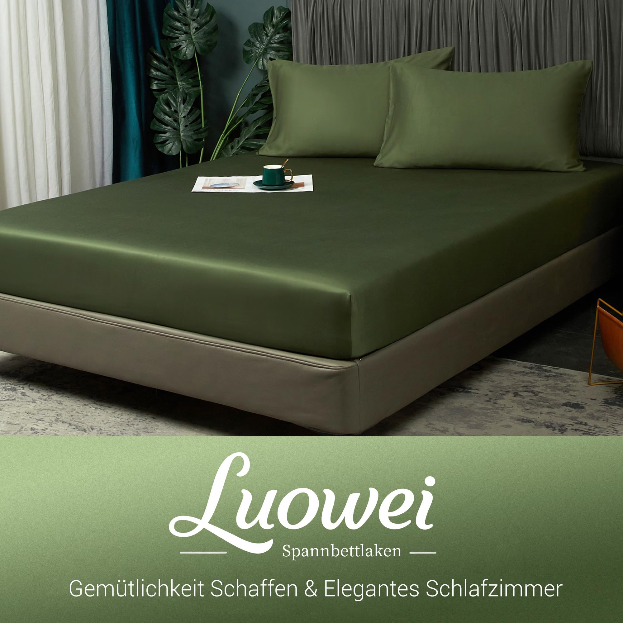 Luowei Bambus Spannbettlaken 180x200cm Kühlend Sommer, Dunkelgrün, Oeko-TEX