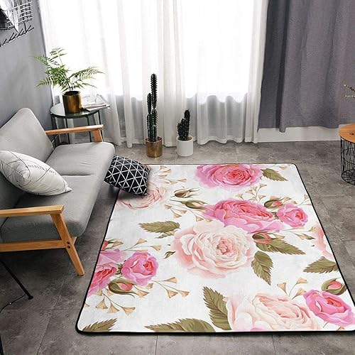 Miniatura 4 de CUTEMAT Alfombras de área rosa con flores florales para dormitorio, sala de estaroficina. Tapetes de piso de 63 x 48 pulgadas, alfombras modernas