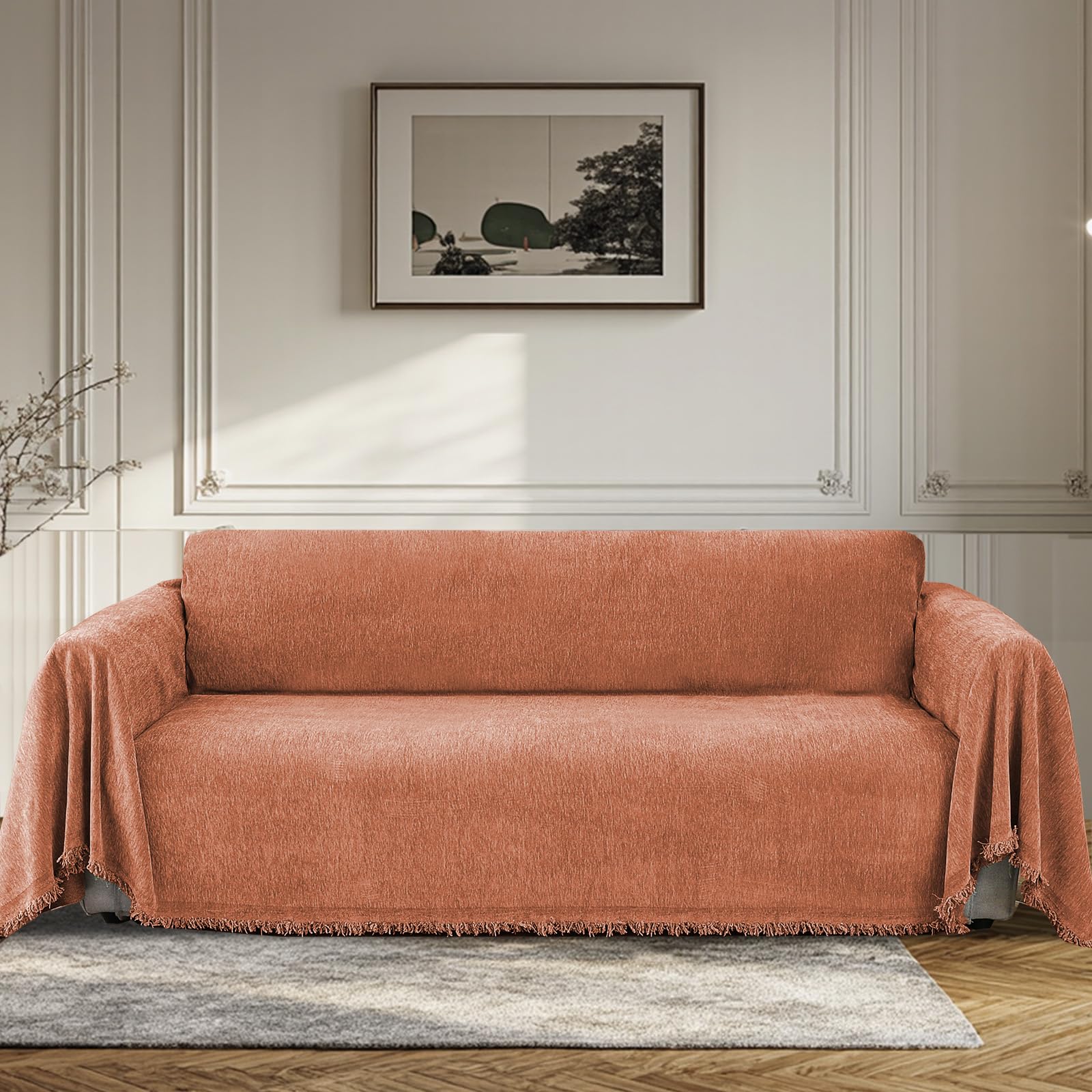 Bellahills Orange Sofa Cover 3 Seater Chenille Sofa Covers 2 Seater Armchair Covers L Shape Sofa Slipcover Non-Slip Couch Covers With Tassel Sofa Protector From Dogs, 180X340cm,