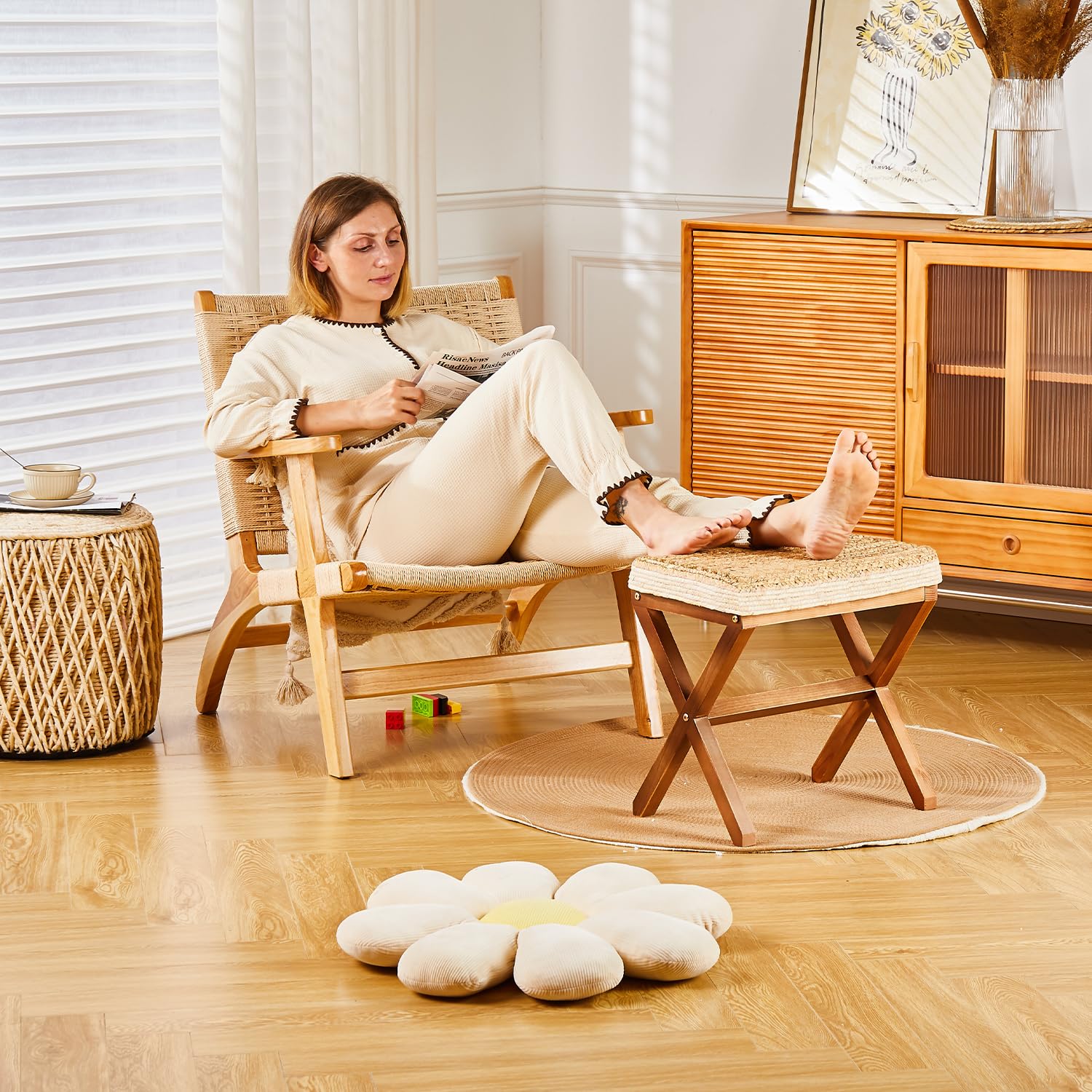 Cpintltr Pouf Rotondo In Alghe Naturali – Poggiapiedi Morbido Con Gambe In Legno Di Pino – Blu, Stile Marino Per Soggiorno - 2