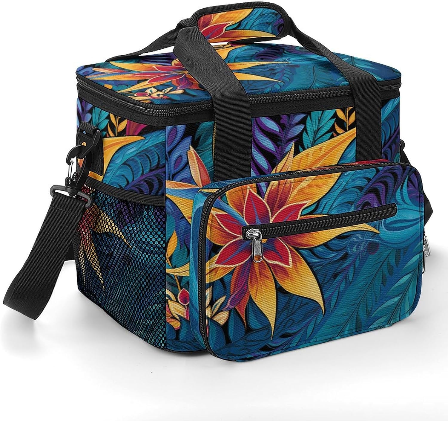Camping Ice Pack, Tropical Leaves Pattern for Tribal Design Print Cooler Bag, 22.5L Large Capacity Insulated Lunch Tote Bag for Outdoor, Picnic, BBQ, Travel, Work