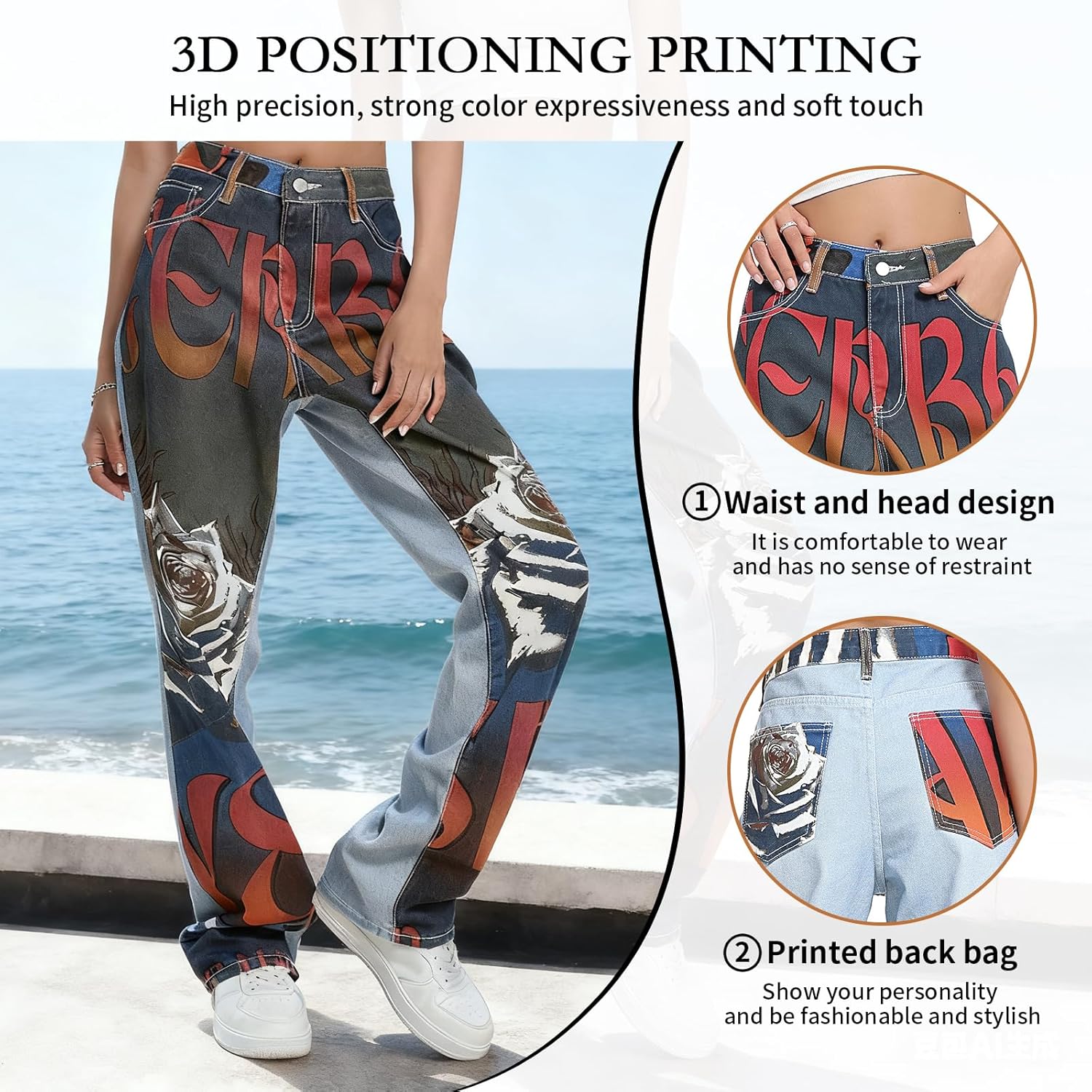 Womens Y2k Rose Print Wide Leg Jeans Loose Fit Hip Hop Baggy Trousers Vintage Pants - Image 5