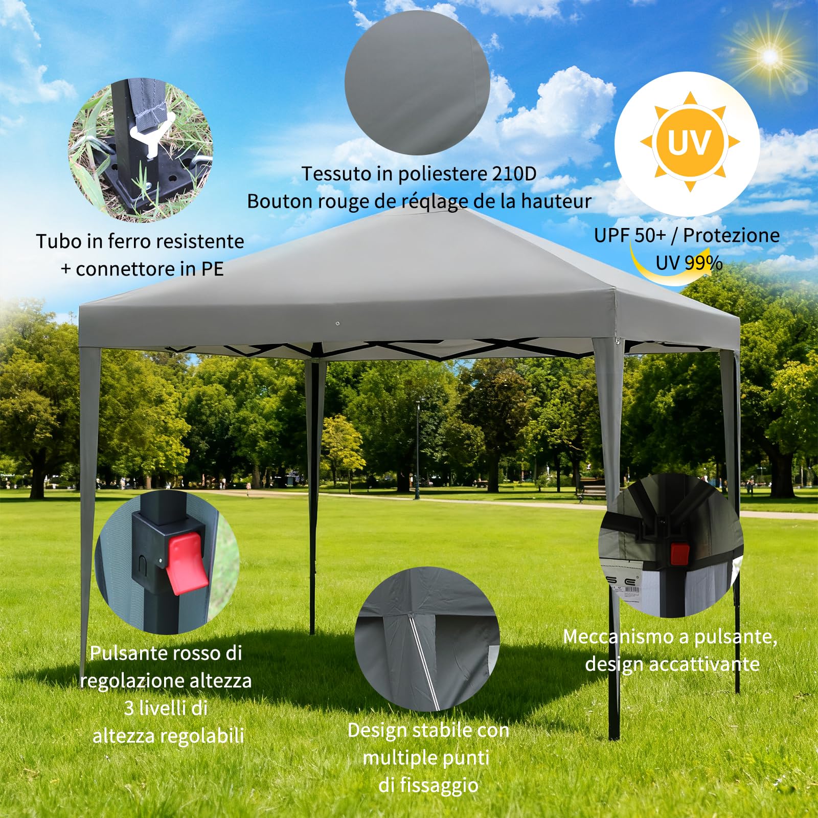 ISE 3x3m Gazebo Pieghevole con Pareti Laterali da Esterno, Gazebo da Giardino Pop Up Gazebo Tenda con Pannelli Laterali Altezza Regolabile (Grigio)