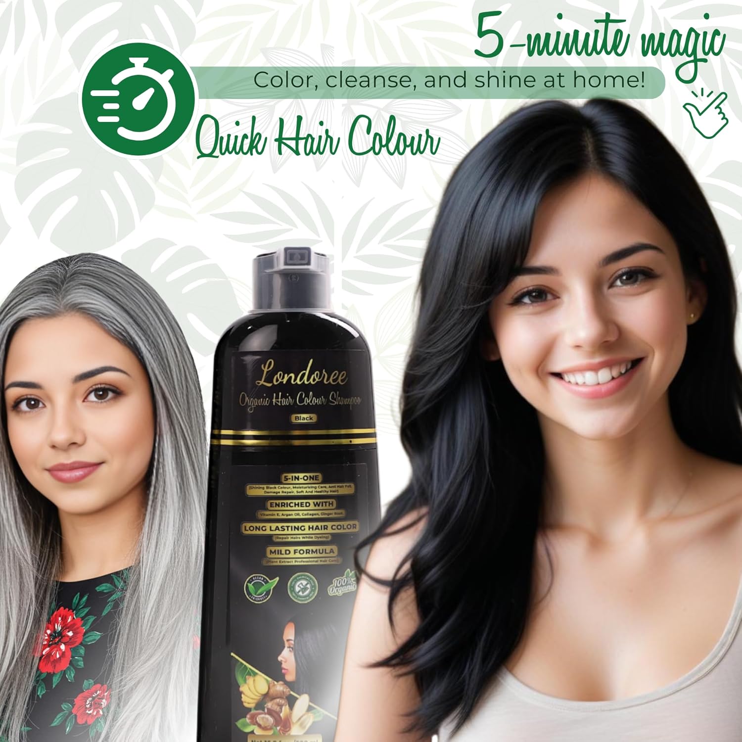 5-in-1 Hair Dye Shampoo 500ml Black | Ammonia-Free Grey Coverage with Vitamin E, Argan Oil & Collagen – Colors, Moisturizes, Repairs & Reduces Hair Fall in Just 15 Minutes