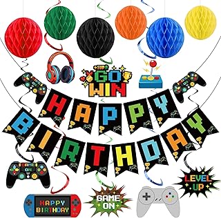 Video Game Birthday Decorations Game Theme Party Decorations Kit Includes Happy Birthday Gaming Banner Hanging Swirls Honeycomb Balls for Gaming Theme Birthdays Party