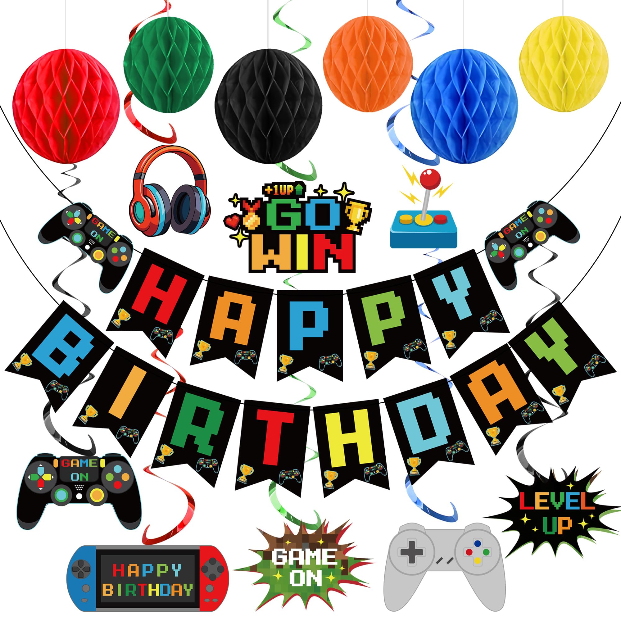 Video Game Birthday Decorations Game Theme Party Decorations Kit Includes Happy Birthday Gaming Banner Hanging Swirls Honeycomb Balls for Gaming Theme Birthdays Party