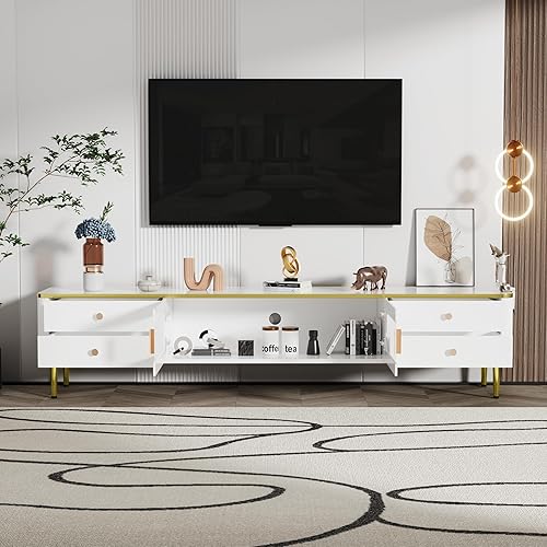 LUMISOL Moderno soporte de TV para TV de 65, 70, 75 pulgadas, mesa consola multimedia con 4 cajones y puertas de cristal, centro de entretenimiento