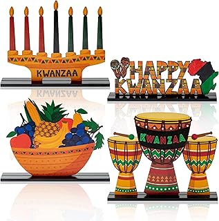 B1ykin 4PCS Happy Kwanzaa Table Topper Wooden Centerpieces Decorations, Kwanzaa Kinara African Drum Fruit Removable Wood Tabletop Signs,African Heritage Holiday Decor for Home Office Party Supplies
