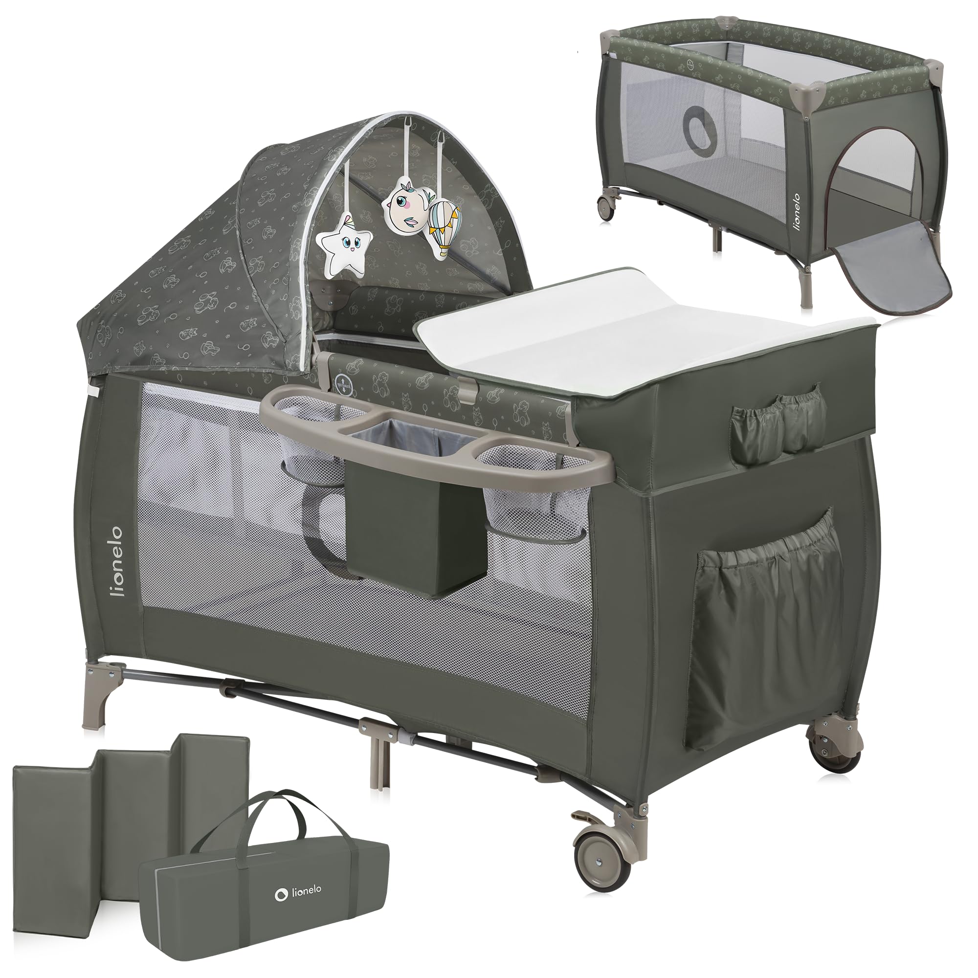 lionelo Sven Plus boîte 2 en 1 lit bébé, Table à Langer, Jouets, baldaquin Suspendu avec moustiquaire, entrée latérale supplémentaire Rouleaux, Mobiles
