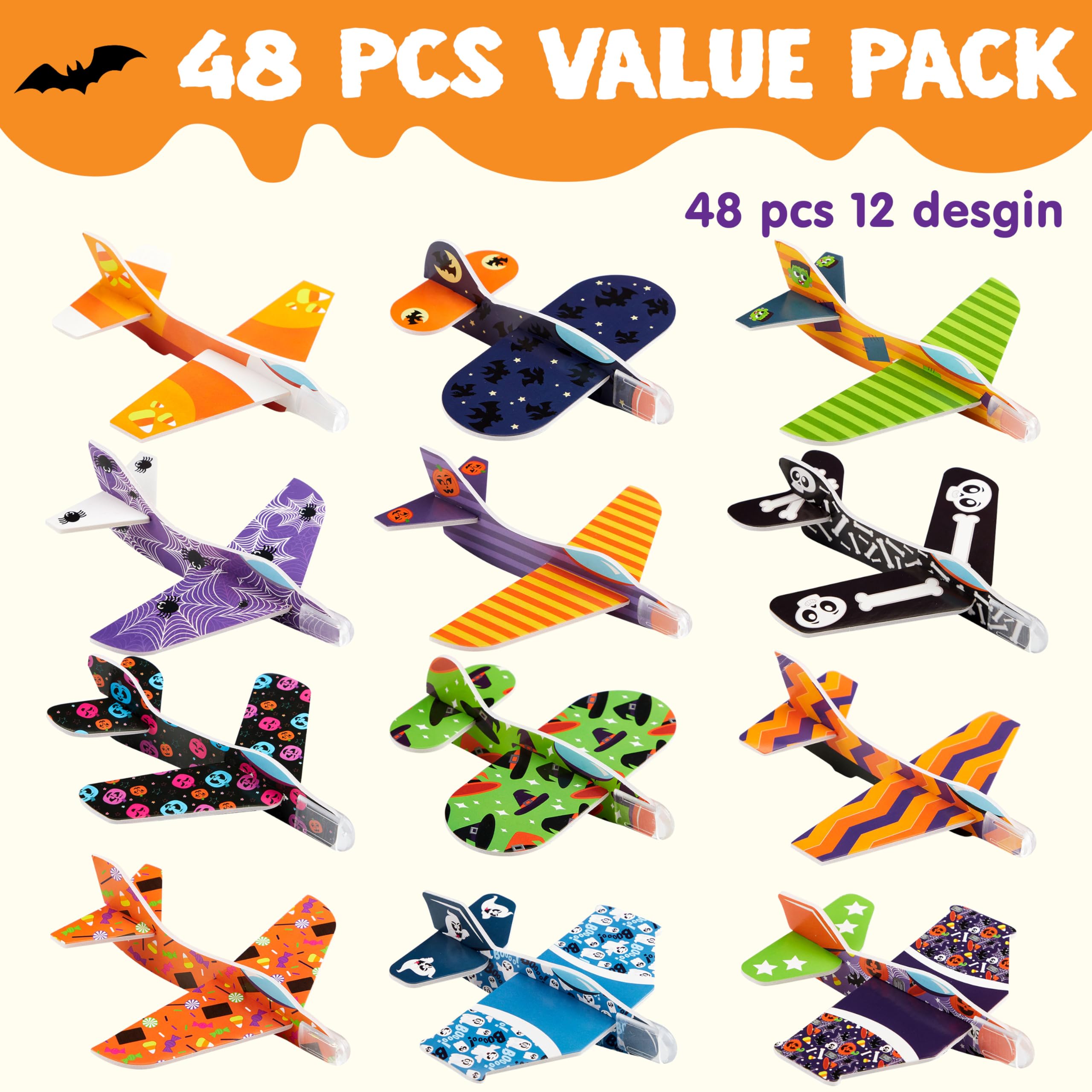 48 aviones planeadores de espuma de Halloween para niños, planeadores de aviones de papel volador, juguetes a granel para regalos de fiesta de Halloween, 12 diseños diferentes de aviones, truco 2