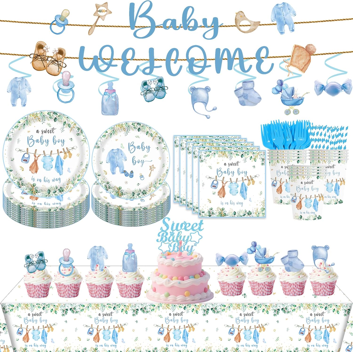 139 PCS Greenery Gender Reveal Baby Shower Plates and Napkins Supplies, Boho Greency Party Decorations Tableware Set Dessert Plates Napkins Forks for 20 Guests (Blue)