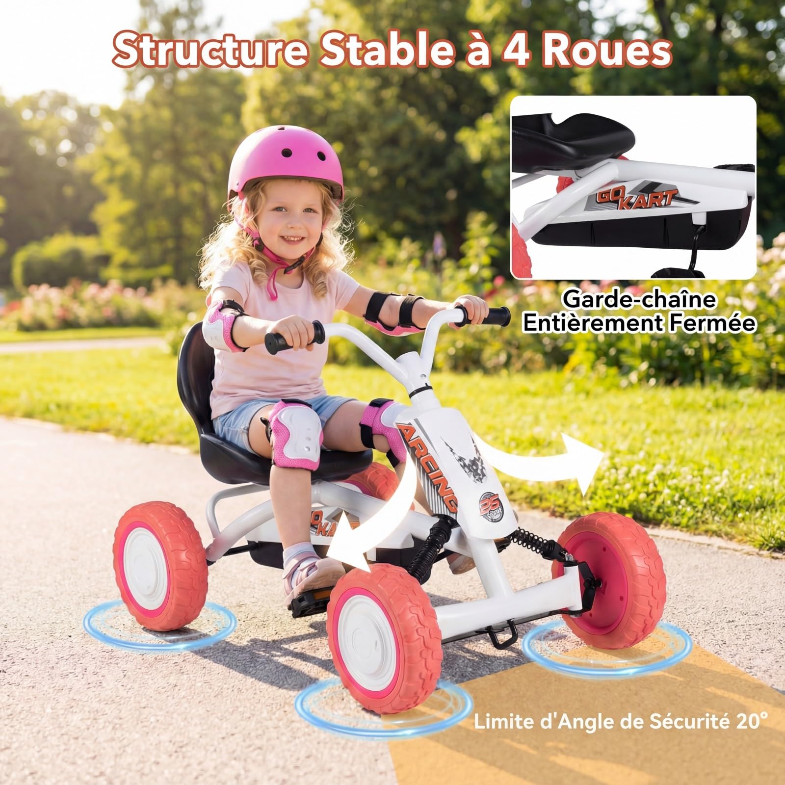 DREAMADE Kart à Pédales pour Enfants avec Siège Réglable 2 Positions, 4 Roues Résistantes à l'usure, Angle de Sécurité Limité, Karting Enfant pour Garçons et Filles de 3+ Ans, Charge 30 kg (Blanc)