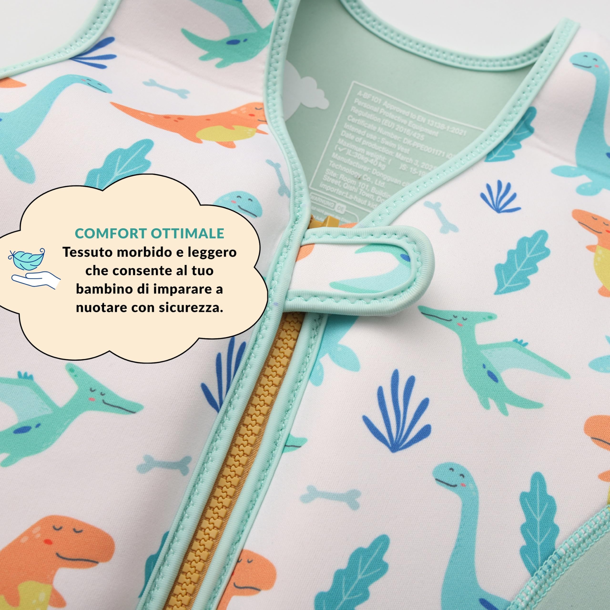 Gilet da nuoto per bambini da 3 a 6 anni, motivo dinosauro, chiusura lampo sicura e cintura regolabile, materiale di alta qualità senza sostanze chimiche nocive
